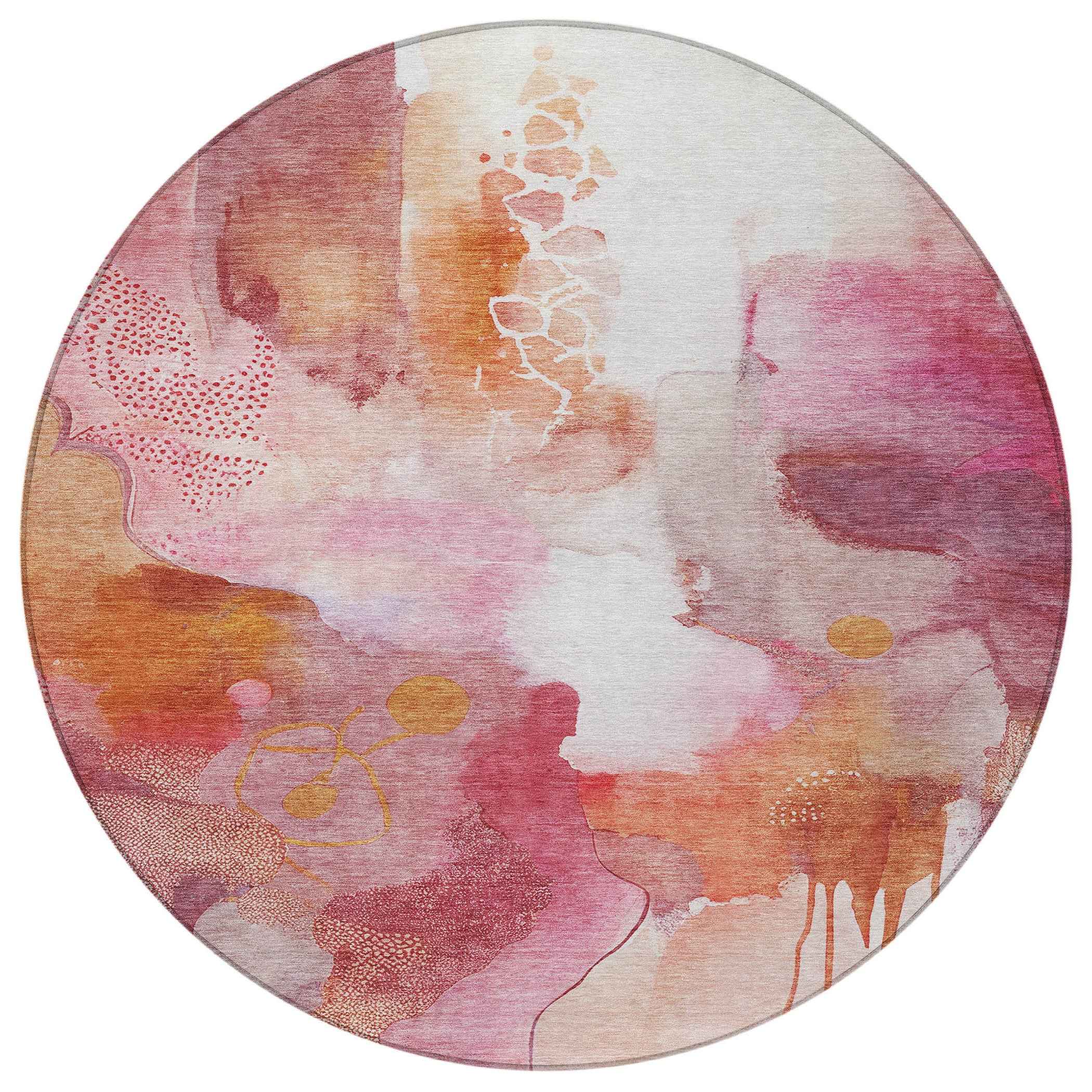 8' Pink Copper And Ivory Round Abstract Washable Indoor Outdoor Area Rug