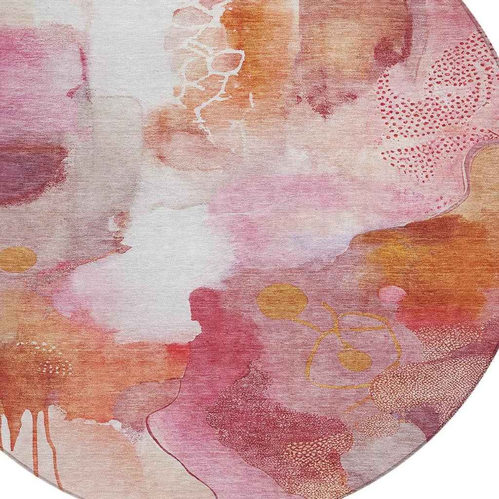 8' Pink Copper And Ivory Round Abstract Washable Indoor Outdoor Area Rug
