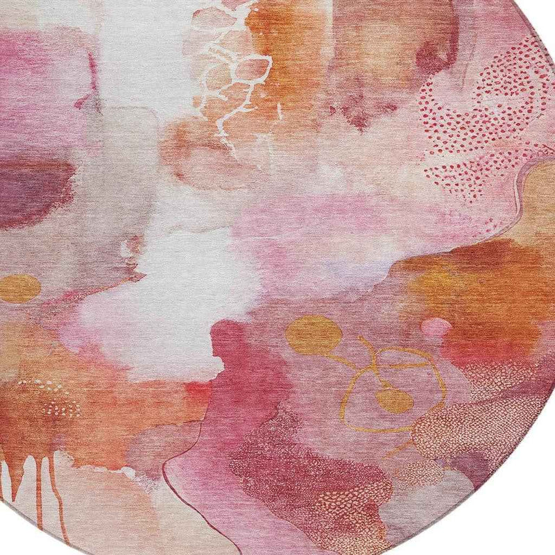 8' Pink Copper And Ivory Round Abstract Washable Indoor Outdoor Area Rug