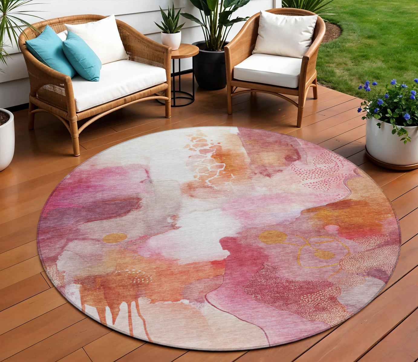 8' Pink Copper And Ivory Round Abstract Washable Indoor Outdoor Area Rug
