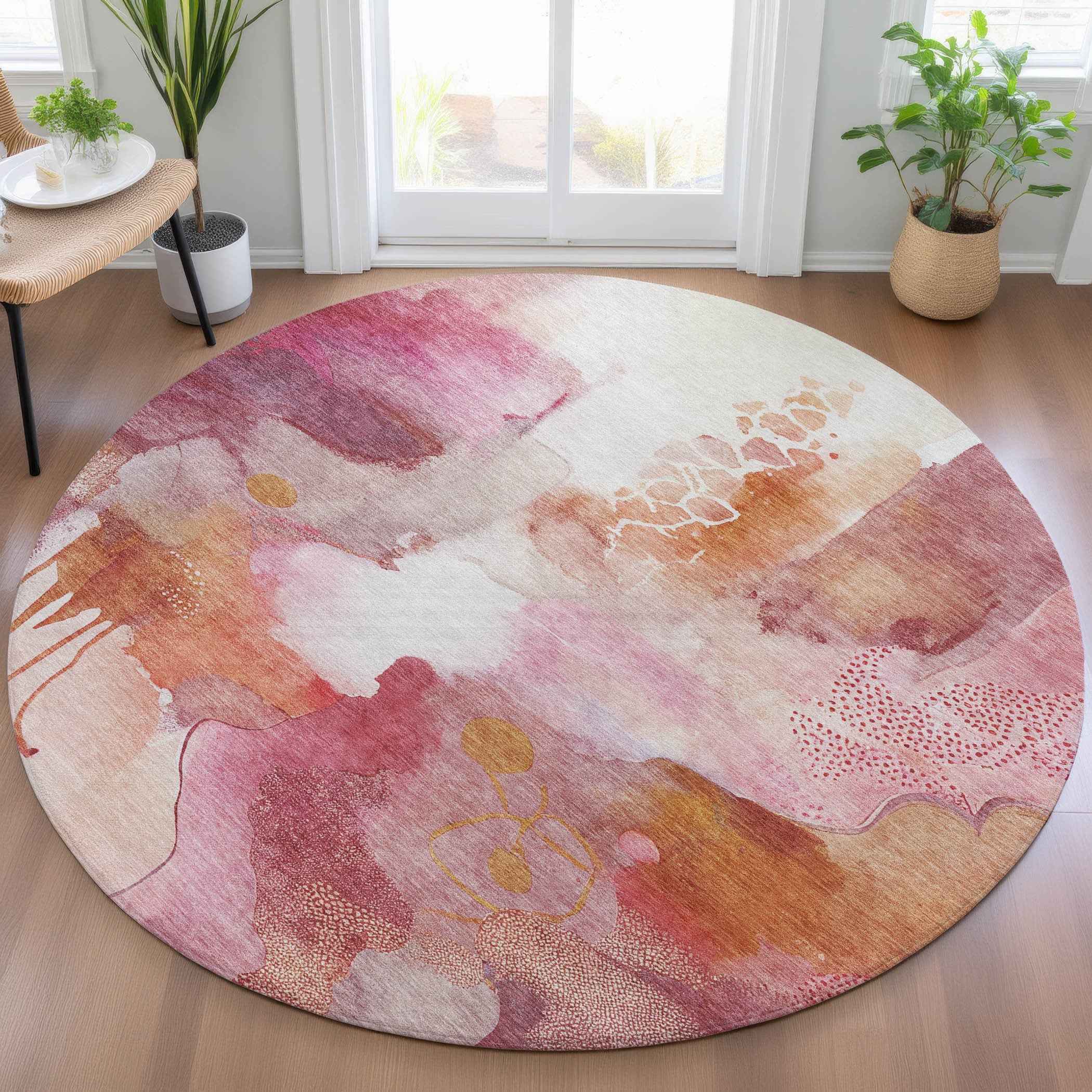 8' Pink Copper And Ivory Round Abstract Washable Indoor Outdoor Area Rug