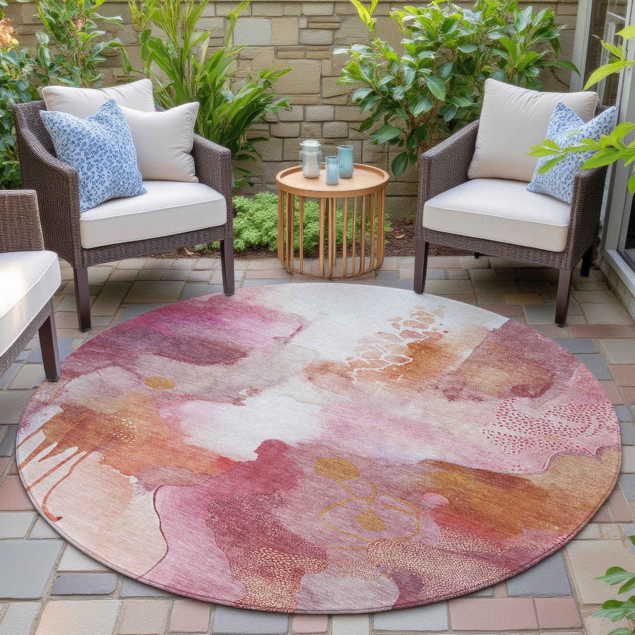 8' Pink Copper And Ivory Round Abstract Washable Indoor Outdoor Area Rug