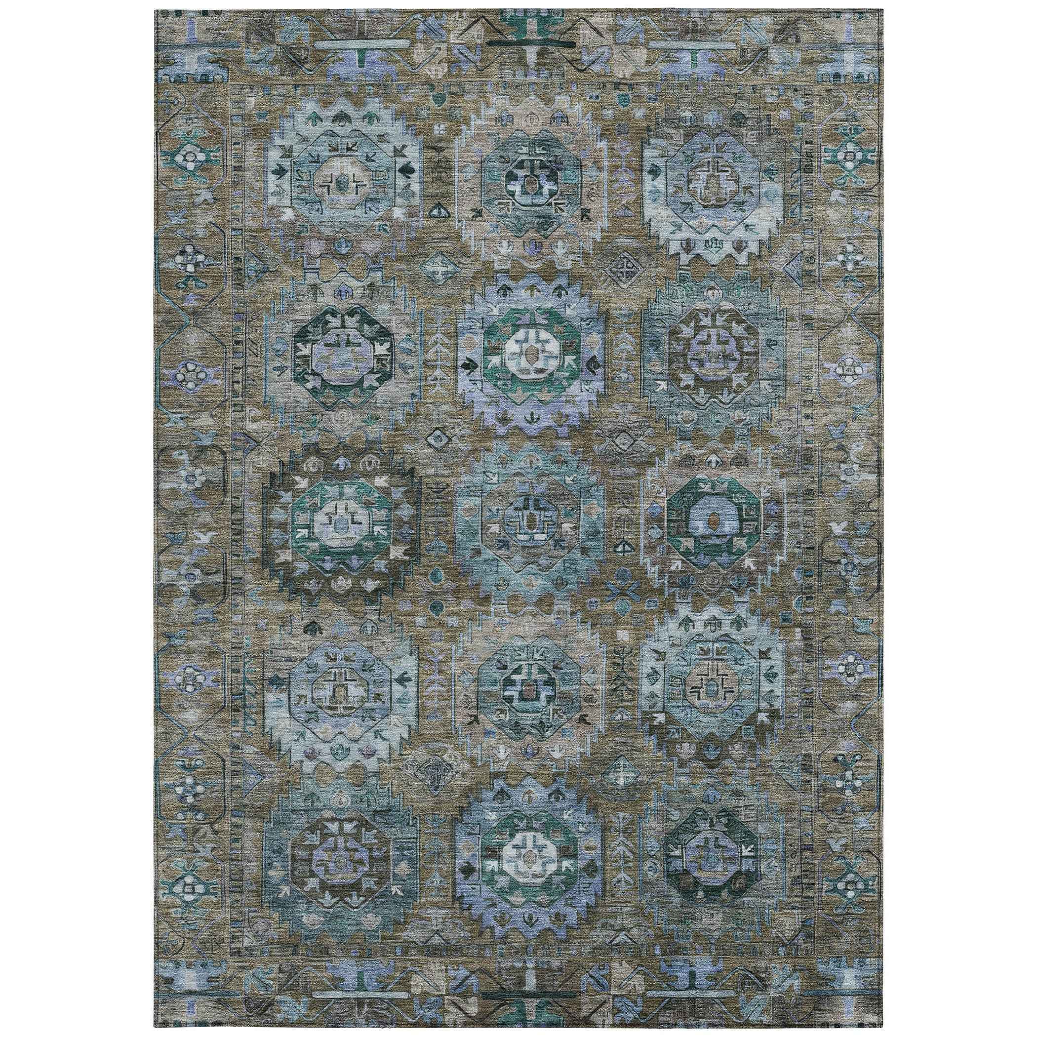 5' X 8' Brown Gray And Teal Blue Medallion Washable Indoor Outdoor Area Rug