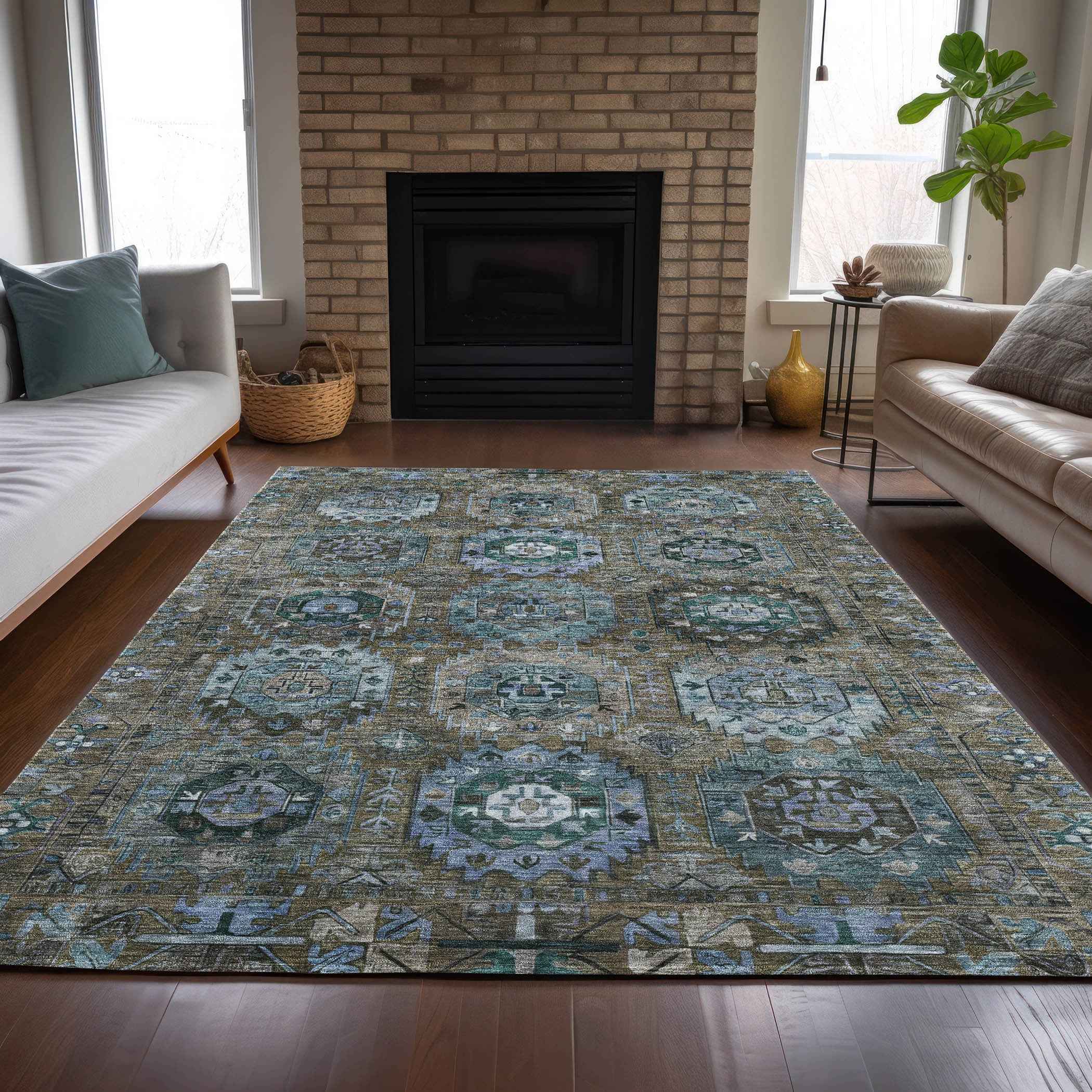 5' X 8' Brown Gray And Teal Blue Medallion Washable Indoor Outdoor Area Rug