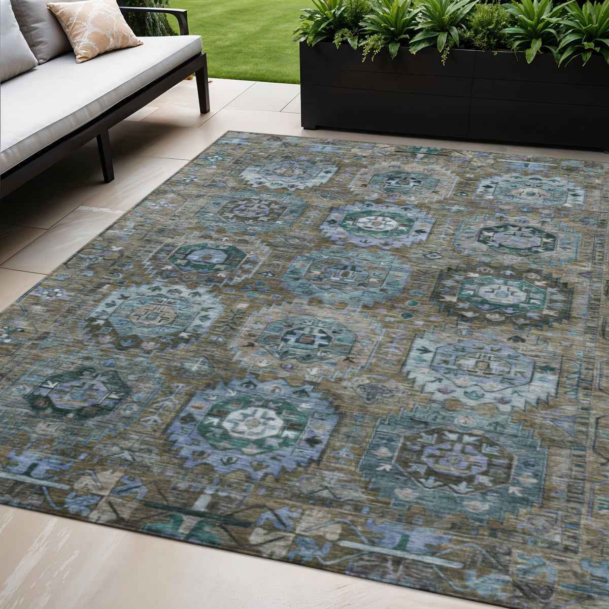 5' X 8' Brown Gray And Teal Blue Medallion Washable Indoor Outdoor Area Rug