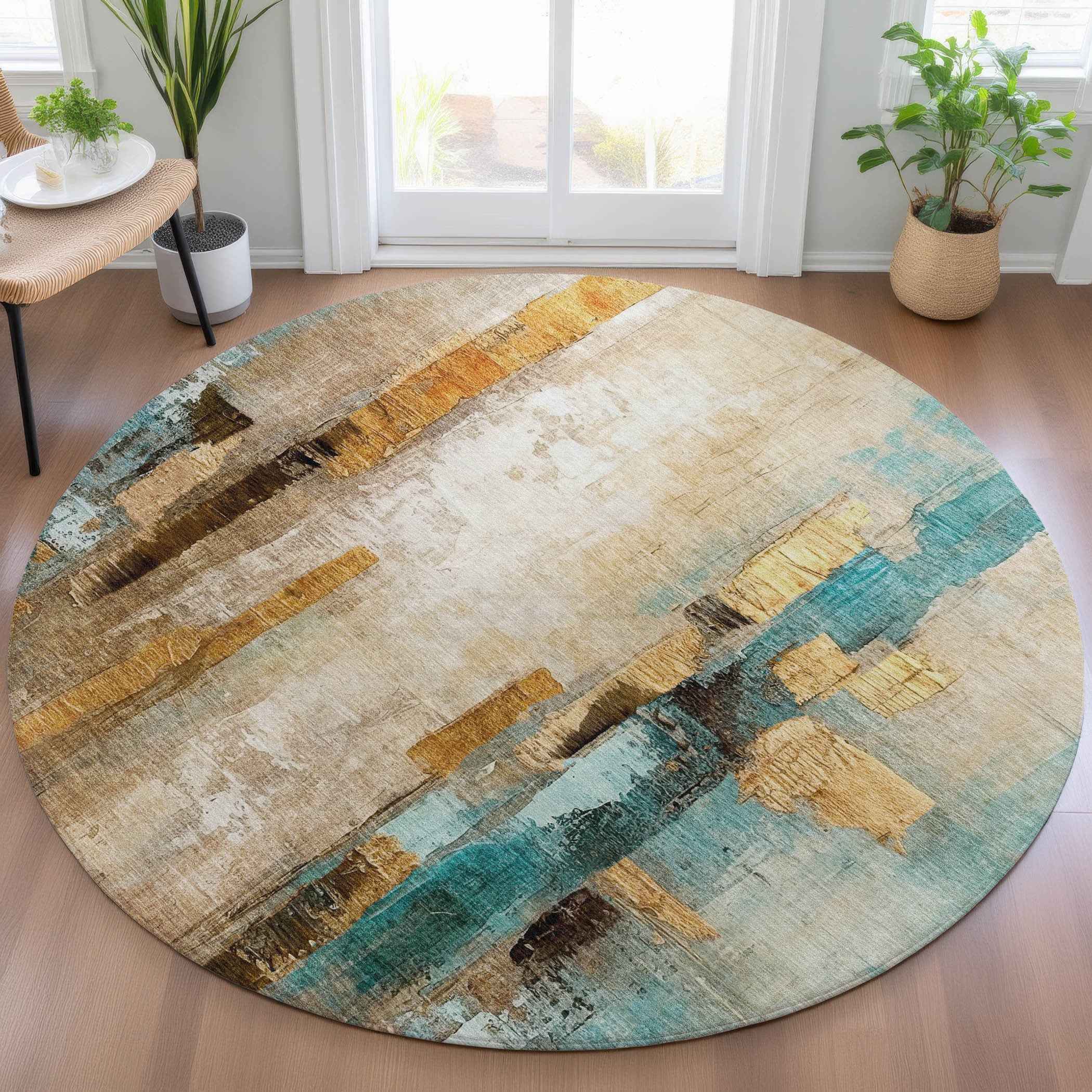 8' Beige And Teal Blue Round Abstract Washable Indoor Outdoor Area Rug Default Title