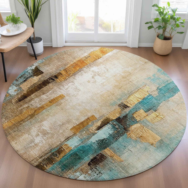 8' Beige And Teal Blue Round Abstract Washable Indoor Outdoor Area Rug Default Title