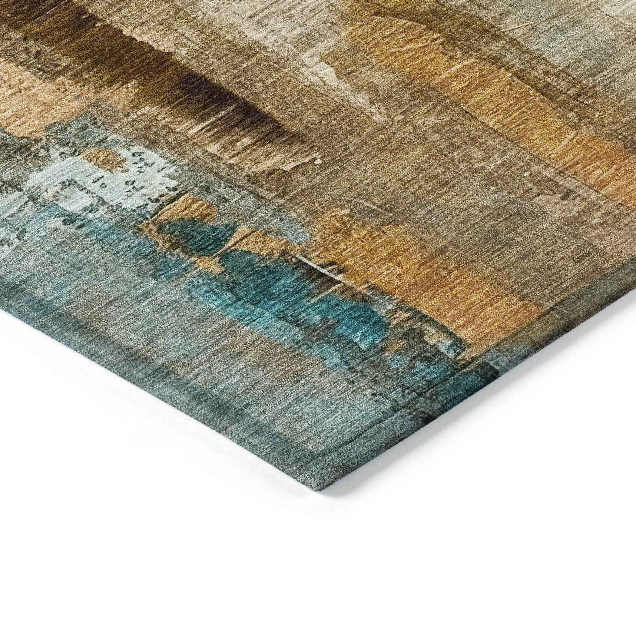 8' Beige And Teal Blue Round Abstract Washable Indoor Outdoor Area Rug