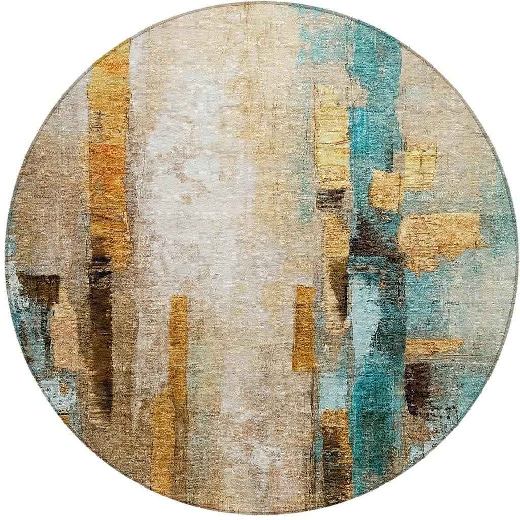 8' Beige And Teal Blue Round Abstract Washable Indoor Outdoor Area Rug