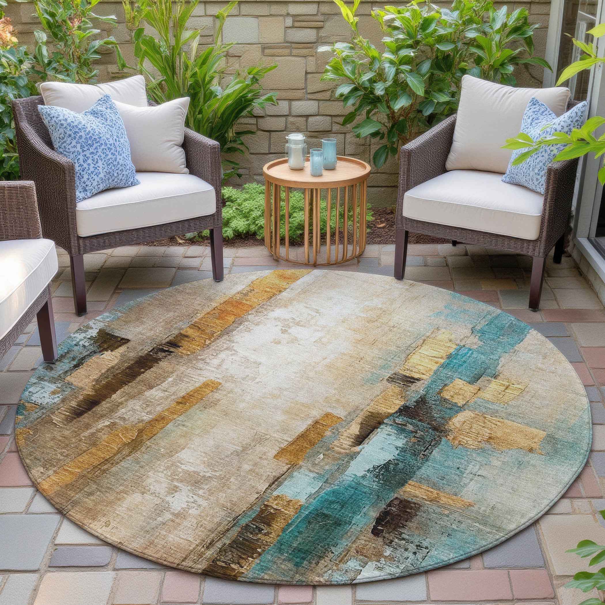 8' Beige And Teal Blue Round Abstract Washable Indoor Outdoor Area Rug
