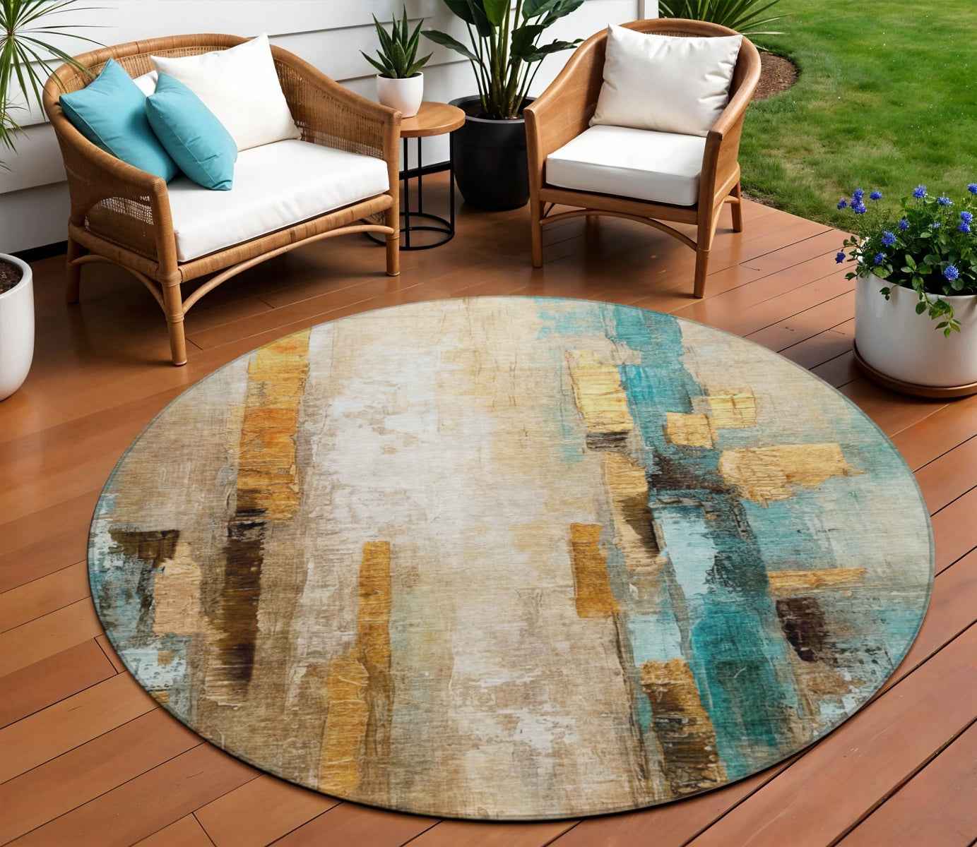 8' Beige And Teal Blue Round Abstract Washable Indoor Outdoor Area Rug