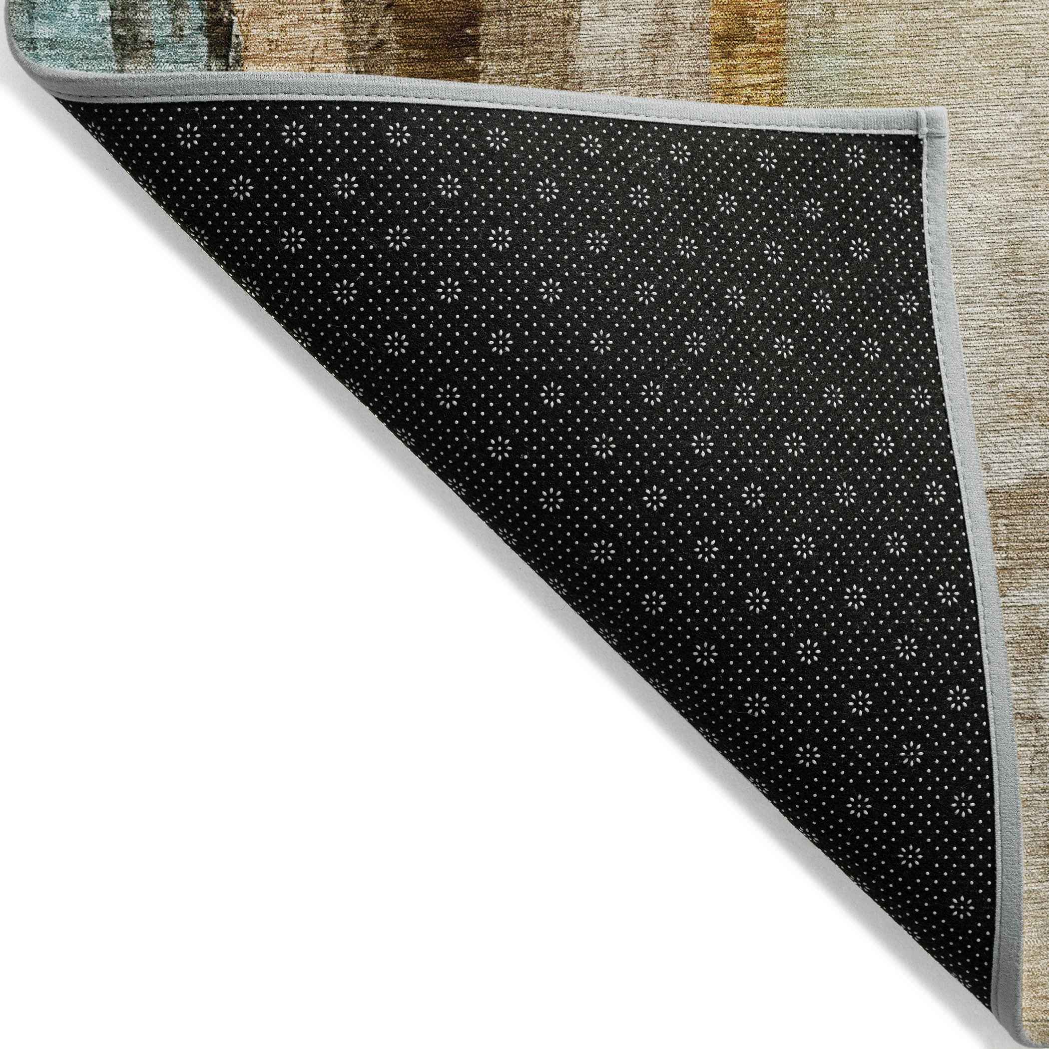 8' Beige And Teal Blue Round Abstract Washable Indoor Outdoor Area Rug