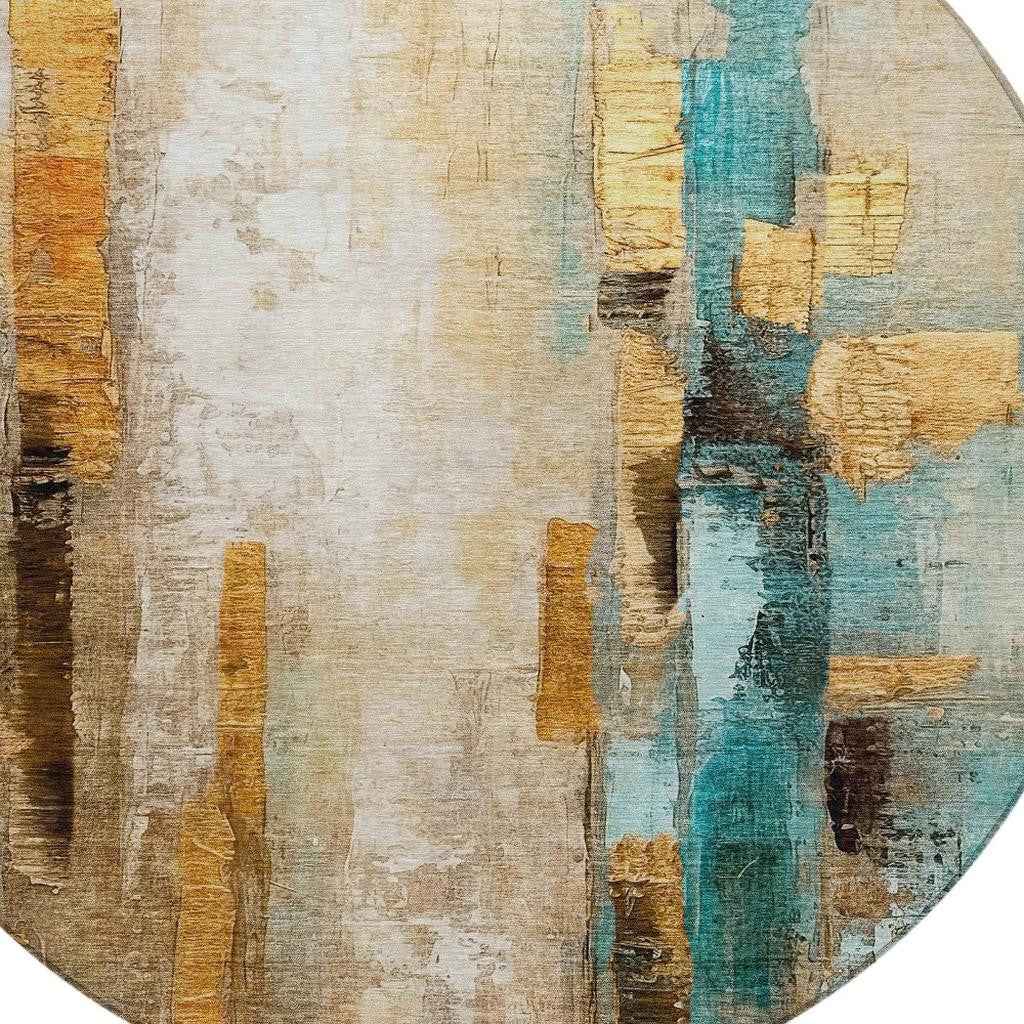 8' Beige And Teal Blue Round Abstract Washable Indoor Outdoor Area Rug