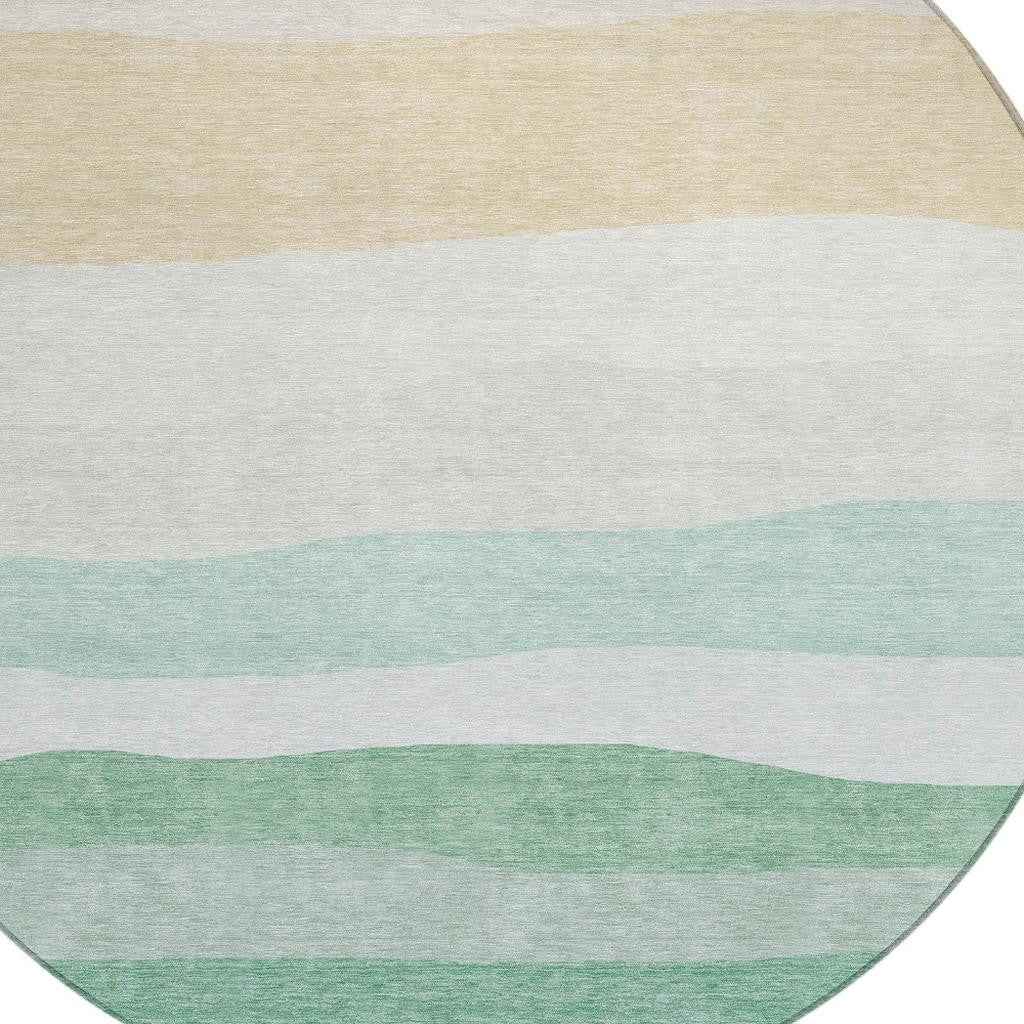 8' Teal Blue Green And Ivory Round Striped Washable Indoor Outdoor Area Rug