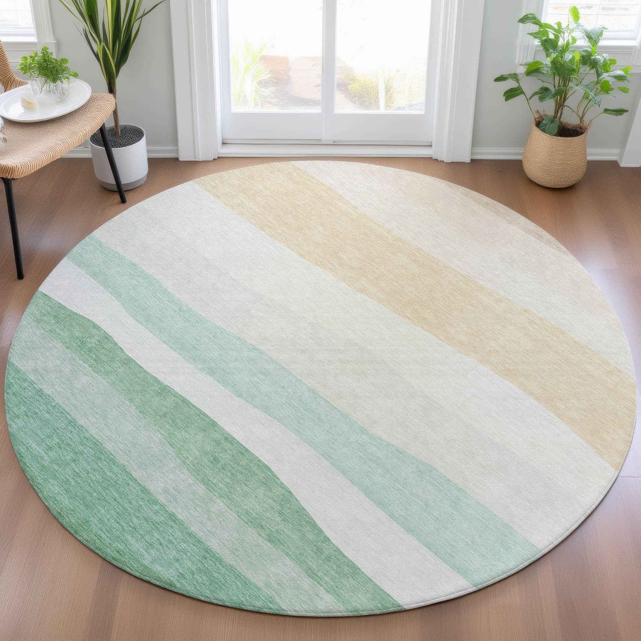 8' Teal Blue Green And Ivory Round Striped Washable Indoor Outdoor Area Rug