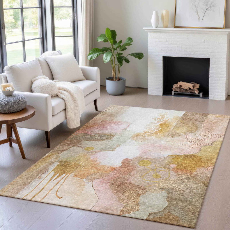 5' X 8' Mauve Copper And Ivory Abstract Washable Indoor Outdoor Area Rug