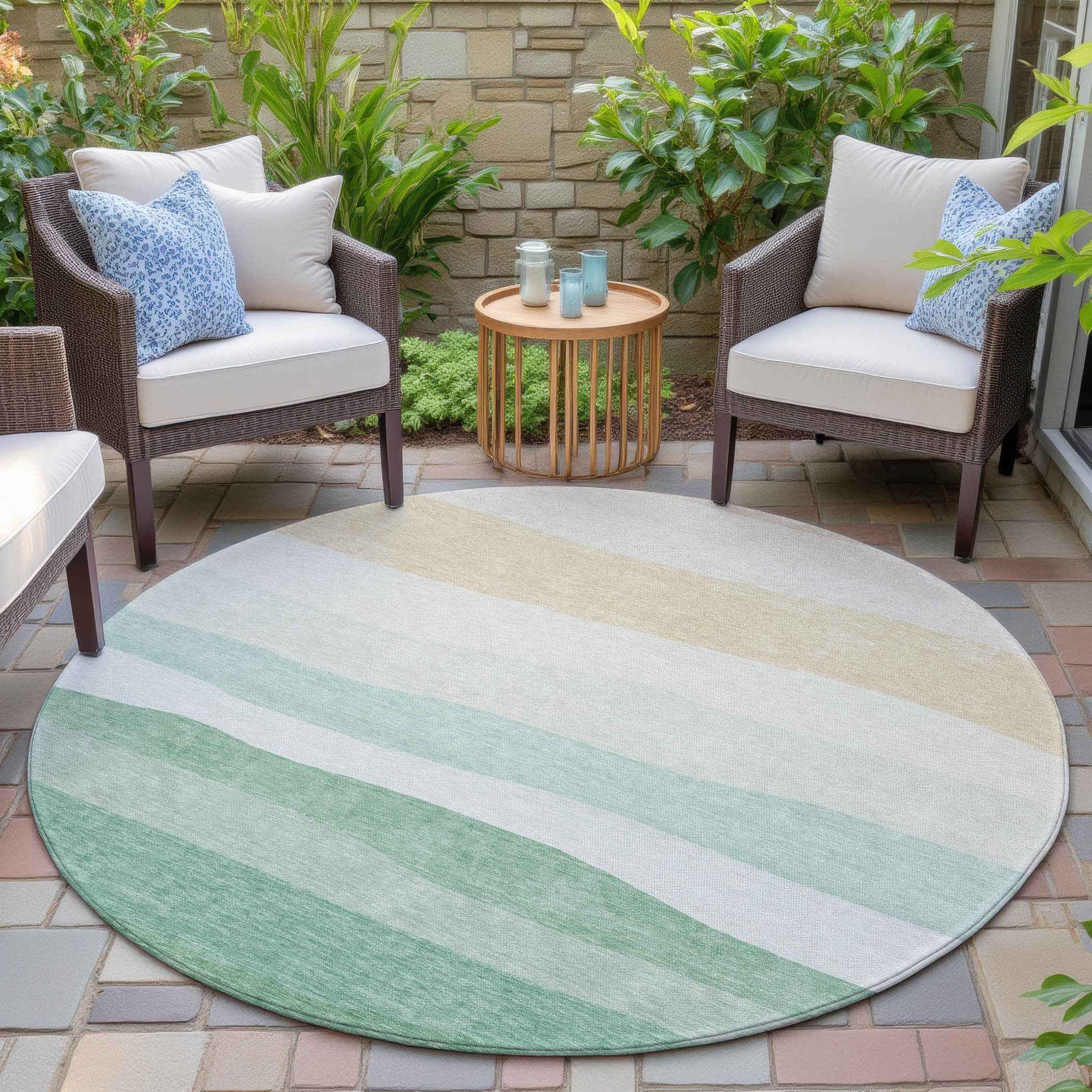 8' Teal Blue Green And Ivory Round Striped Washable Indoor Outdoor Area Rug