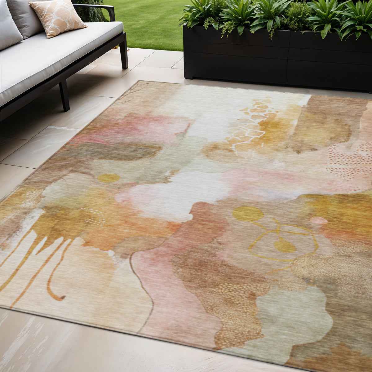 5' X 8' Mauve Copper And Ivory Abstract Washable Indoor Outdoor Area Rug