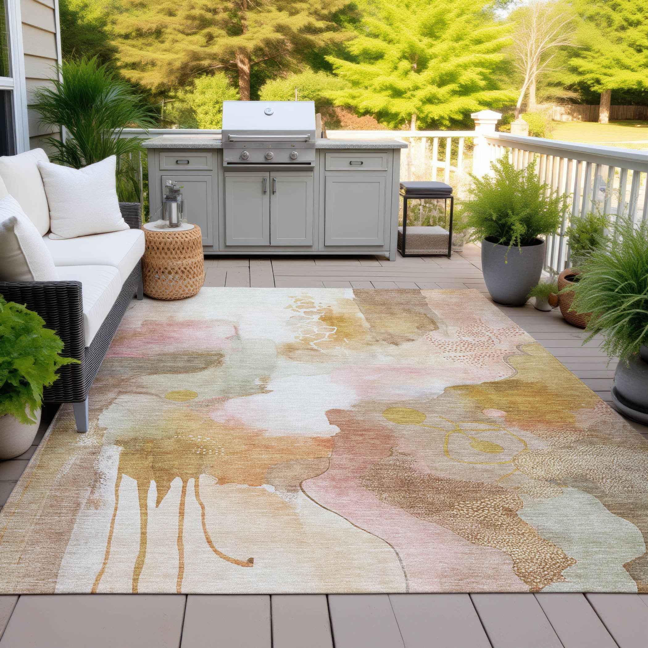 5' X 8' Mauve Copper And Ivory Abstract Washable Indoor Outdoor Area Rug
