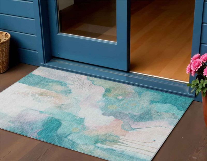 3' X 5' Turquoise Blush And Ivory Abstract Washable Indoor Outdoor Area Rug