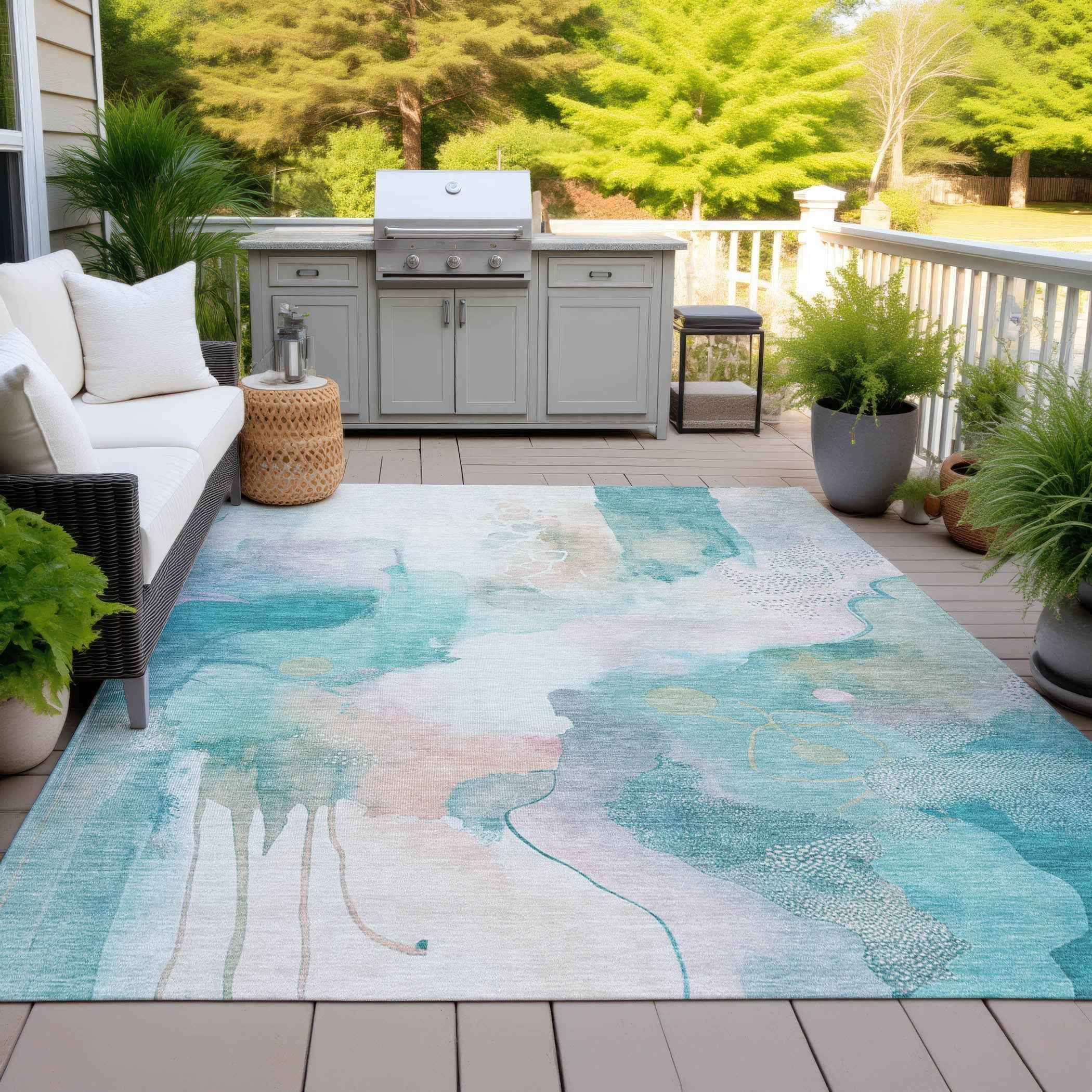 3' X 5' Turquoise Blush And Ivory Abstract Washable Indoor Outdoor Area Rug