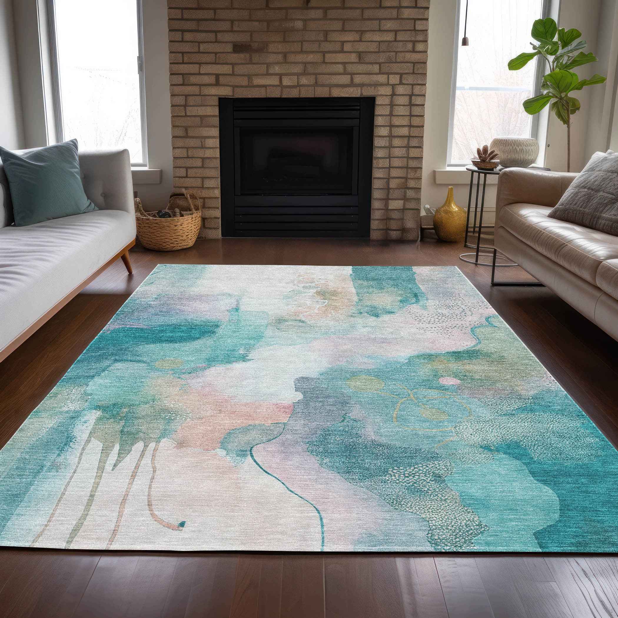 3' X 5' Turquoise Blush And Ivory Abstract Washable Indoor Outdoor Area Rug