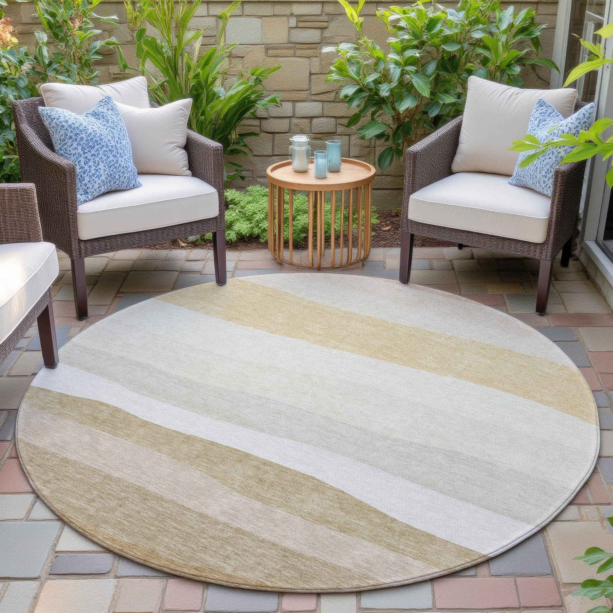 8' Wheat Gold And Beige Round Striped Washable Indoor Outdoor Area Rug
