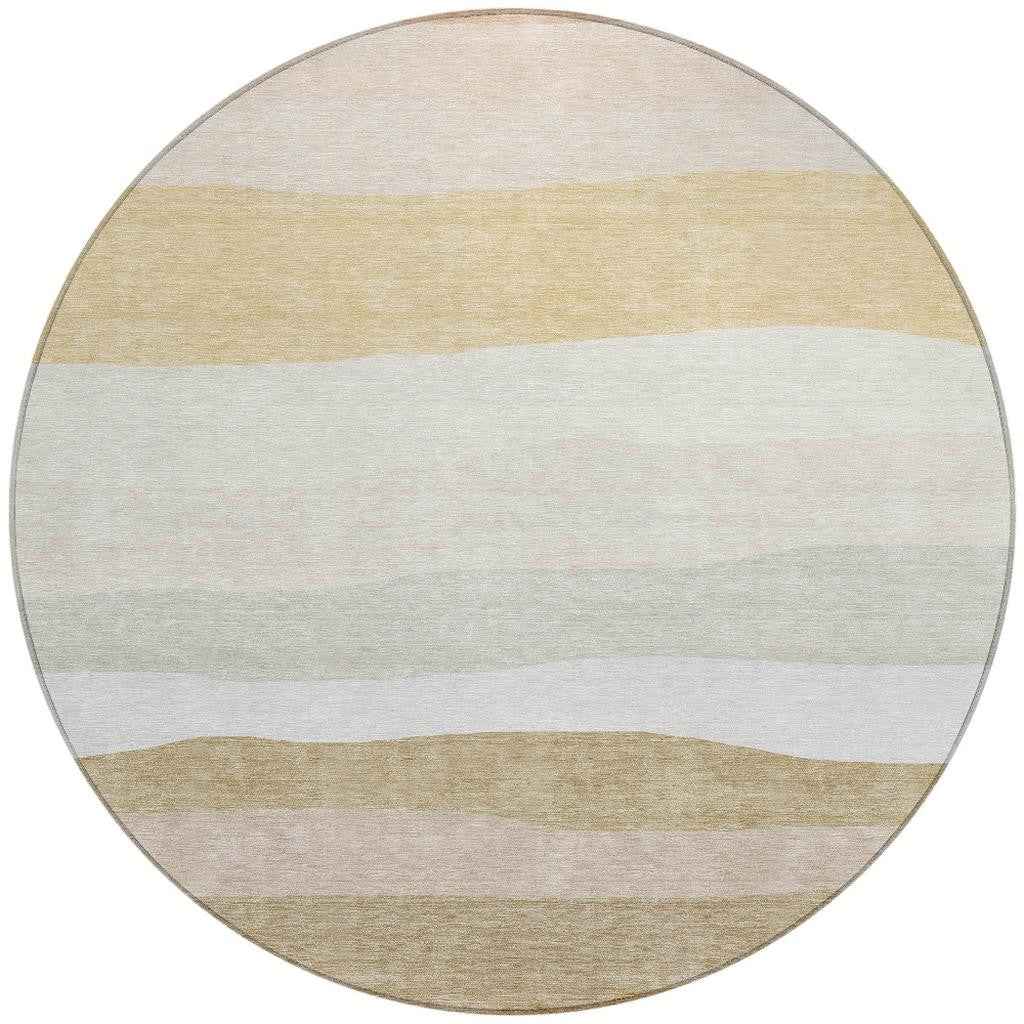 8' Wheat Gold And Beige Round Striped Washable Indoor Outdoor Area Rug