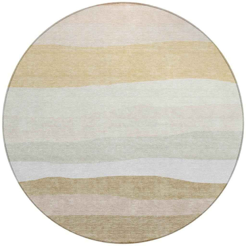 8' Wheat Gold And Beige Round Striped Washable Indoor Outdoor Area Rug
