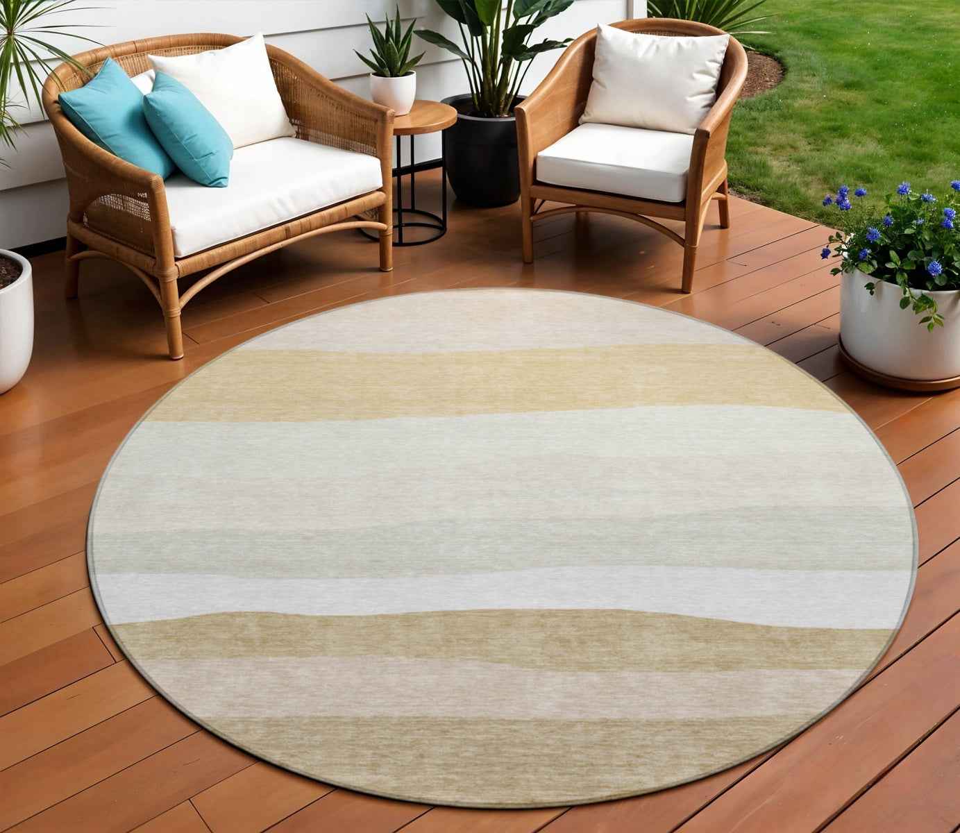 8' Wheat Gold And Beige Round Striped Washable Indoor Outdoor Area Rug