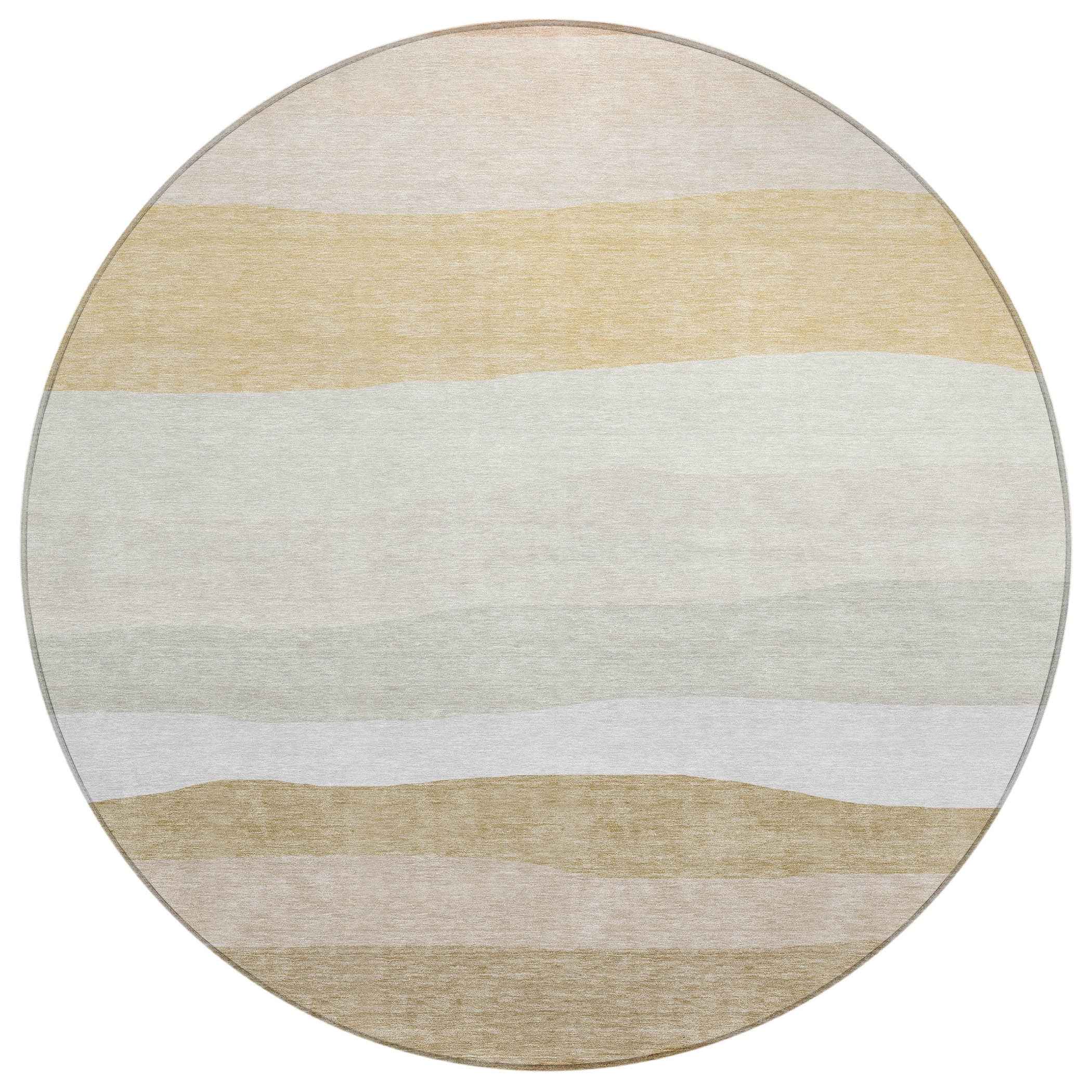 8' Wheat Gold And Beige Round Striped Washable Indoor Outdoor Area Rug