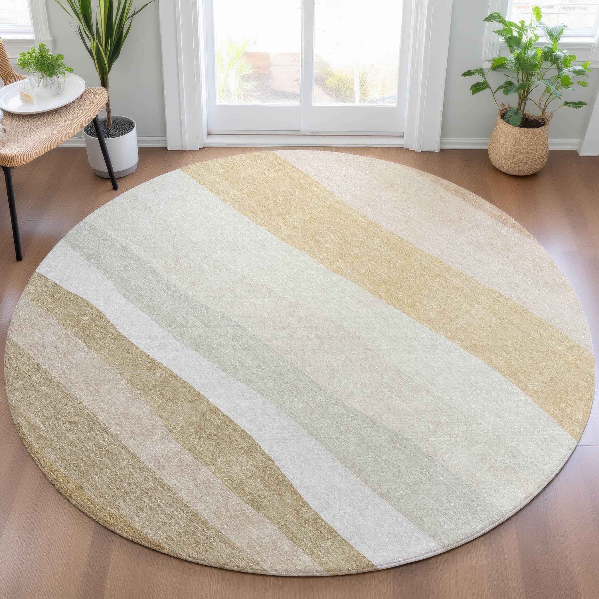 8' Wheat Gold And Beige Round Striped Washable Indoor Outdoor Area Rug