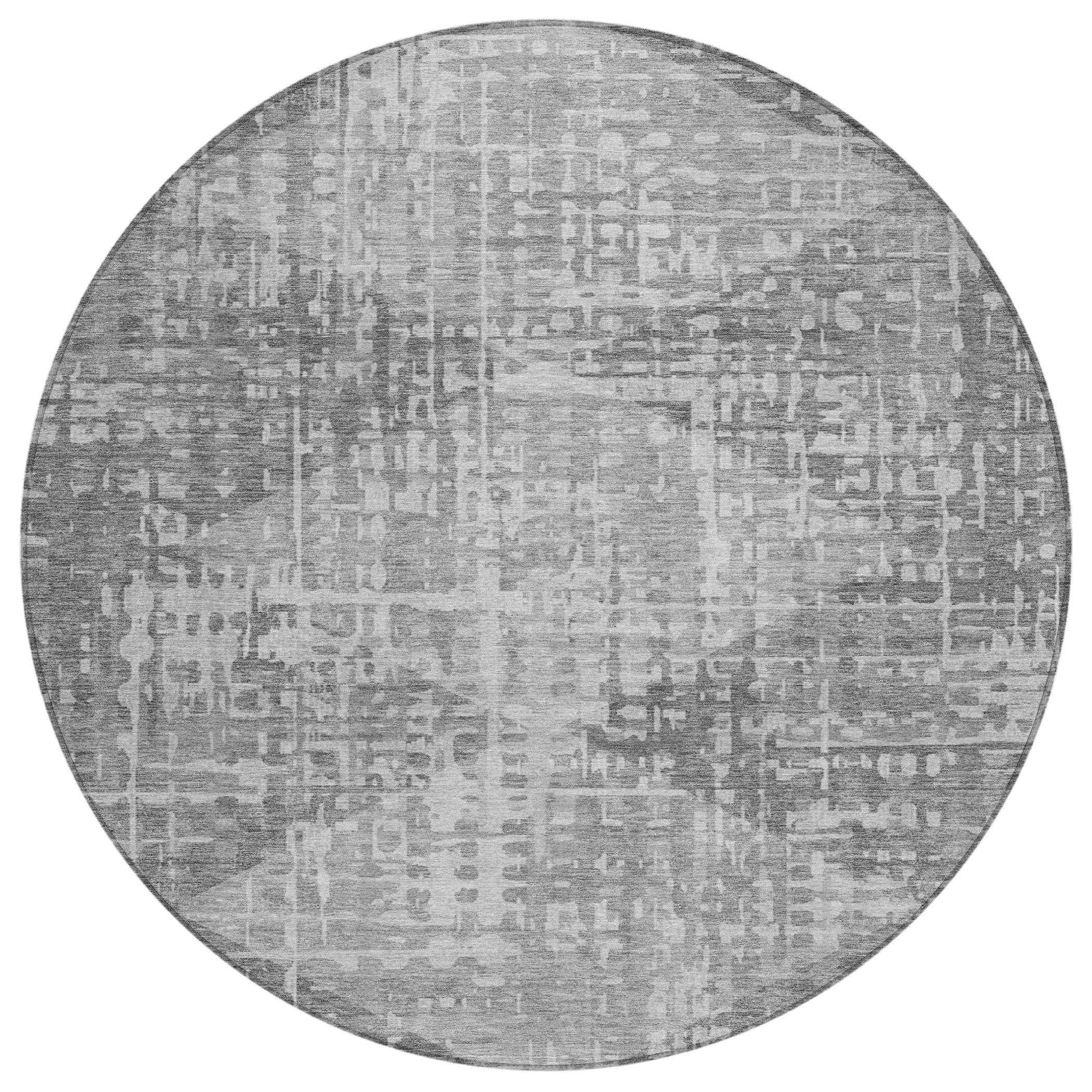 8' Gray And Silver Round Geometric Washable Indoor Outdoor Area Rug