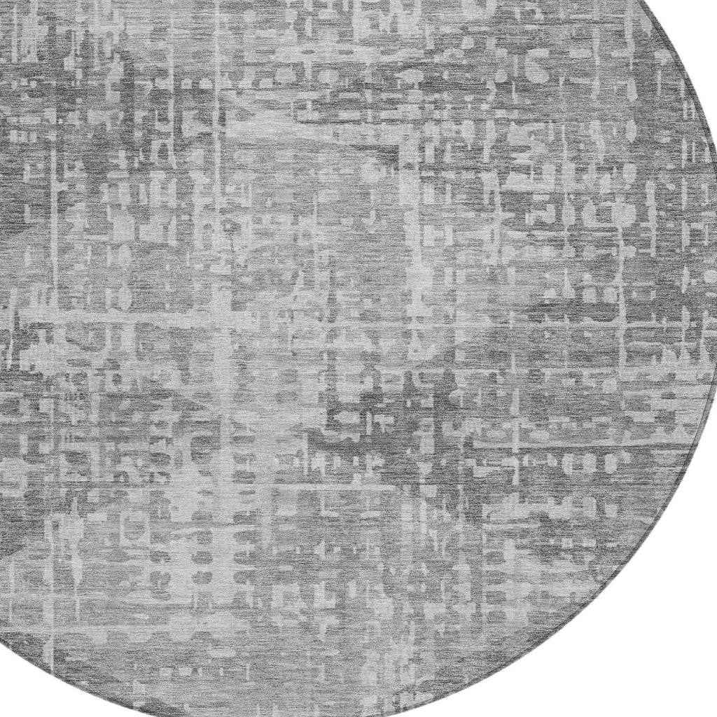 8' Gray And Silver Round Geometric Washable Indoor Outdoor Area Rug
