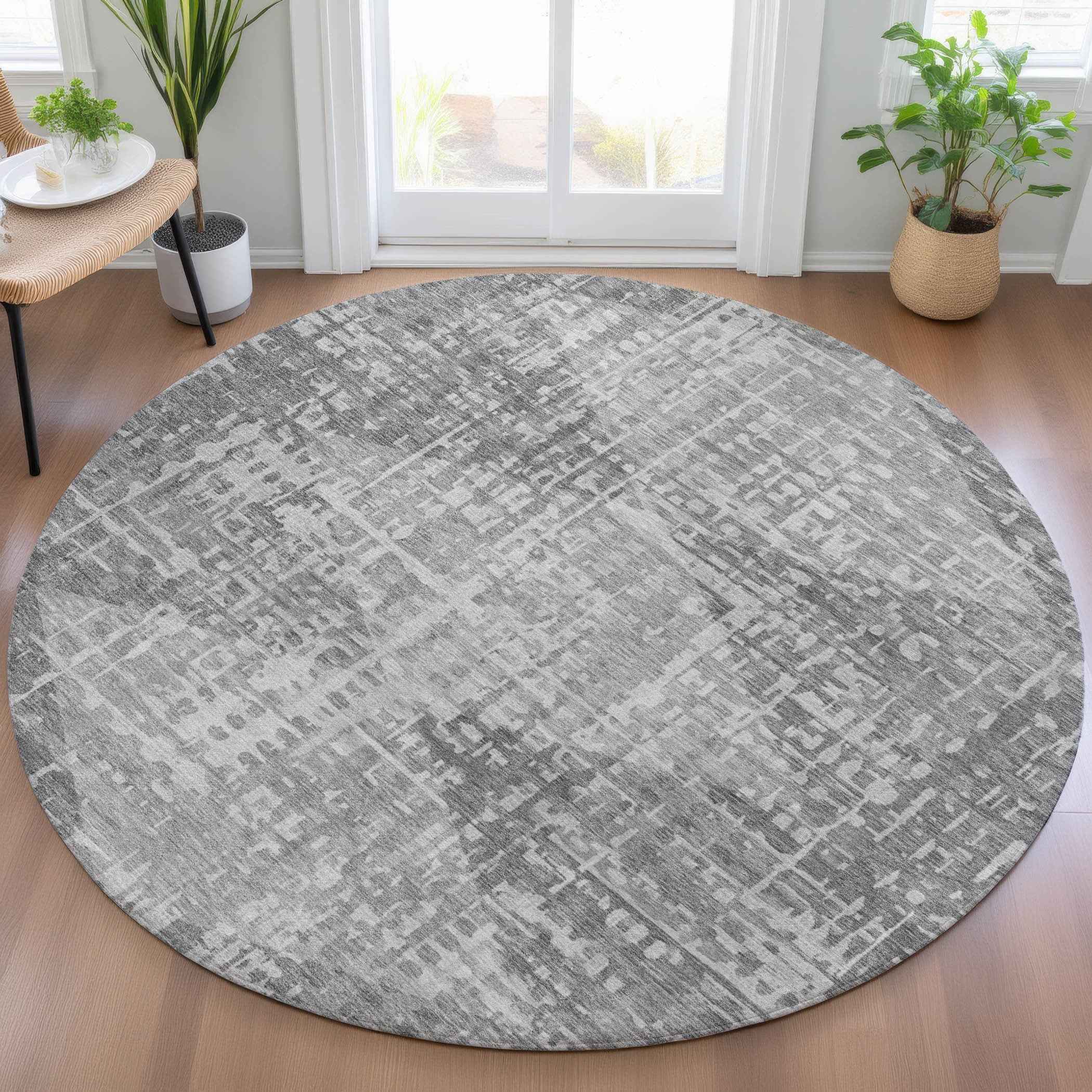 8' Gray And Silver Round Geometric Washable Indoor Outdoor Area Rug
