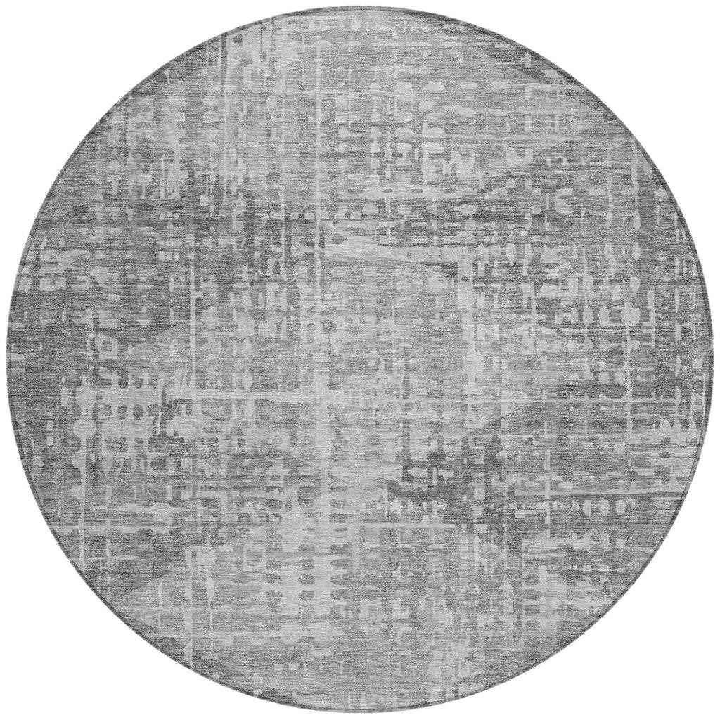 8' Gray And Silver Round Geometric Washable Indoor Outdoor Area Rug