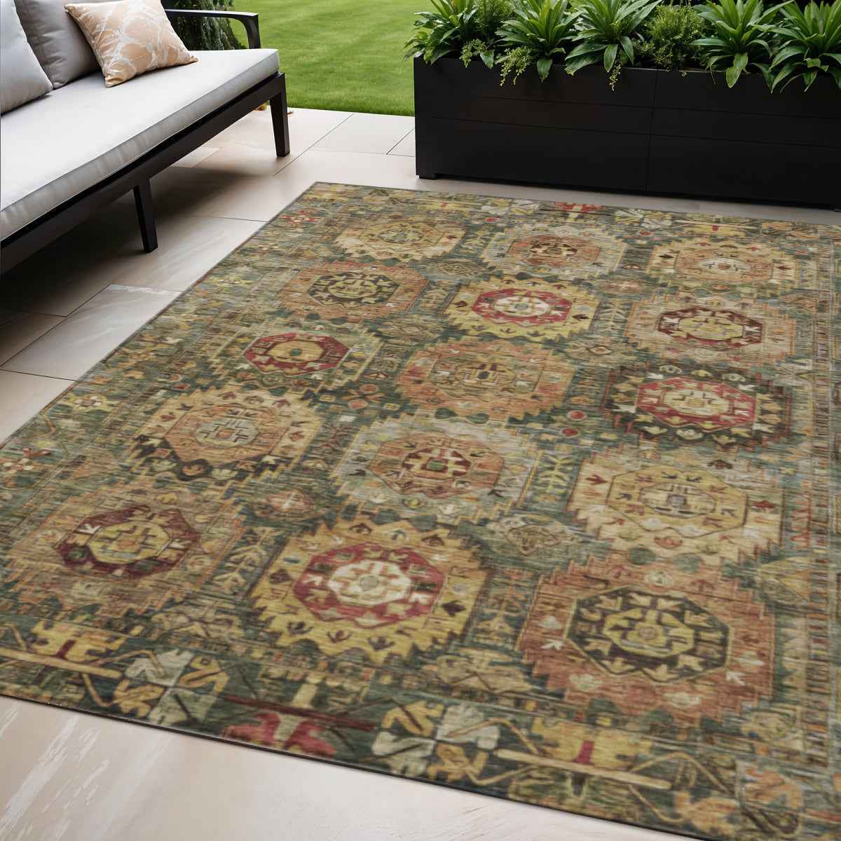 5' X 8' Artichoke Green Gold And Beige Medallion Washable Indoor Outdoor Area Rug