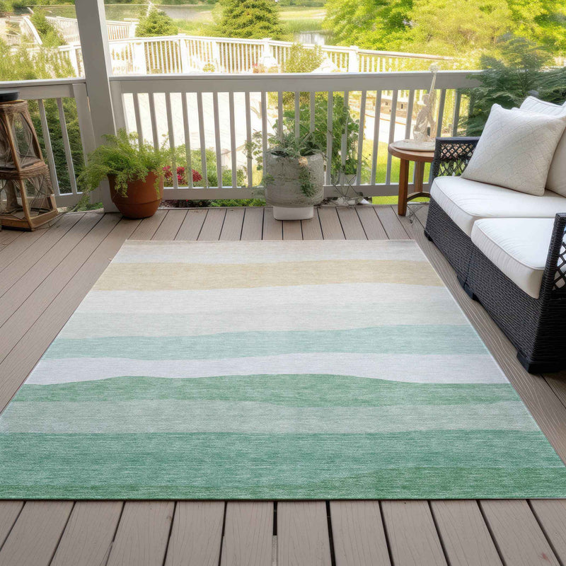 8' X 10' Teal Blue Green And Ivory Striped Washable Indoor Outdoor Area Rug