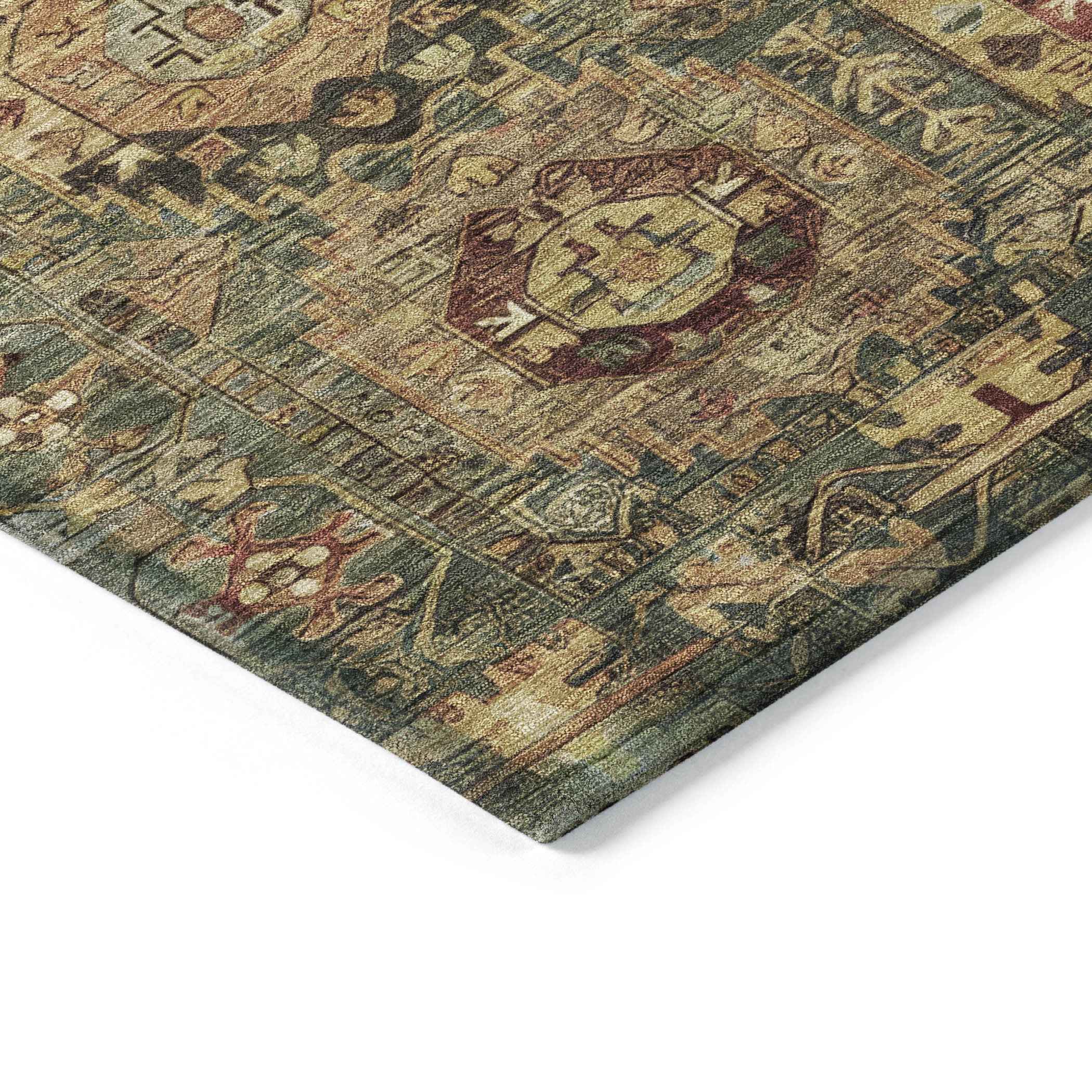 5' X 8' Artichoke Green Gold And Beige Medallion Washable Indoor Outdoor Area Rug