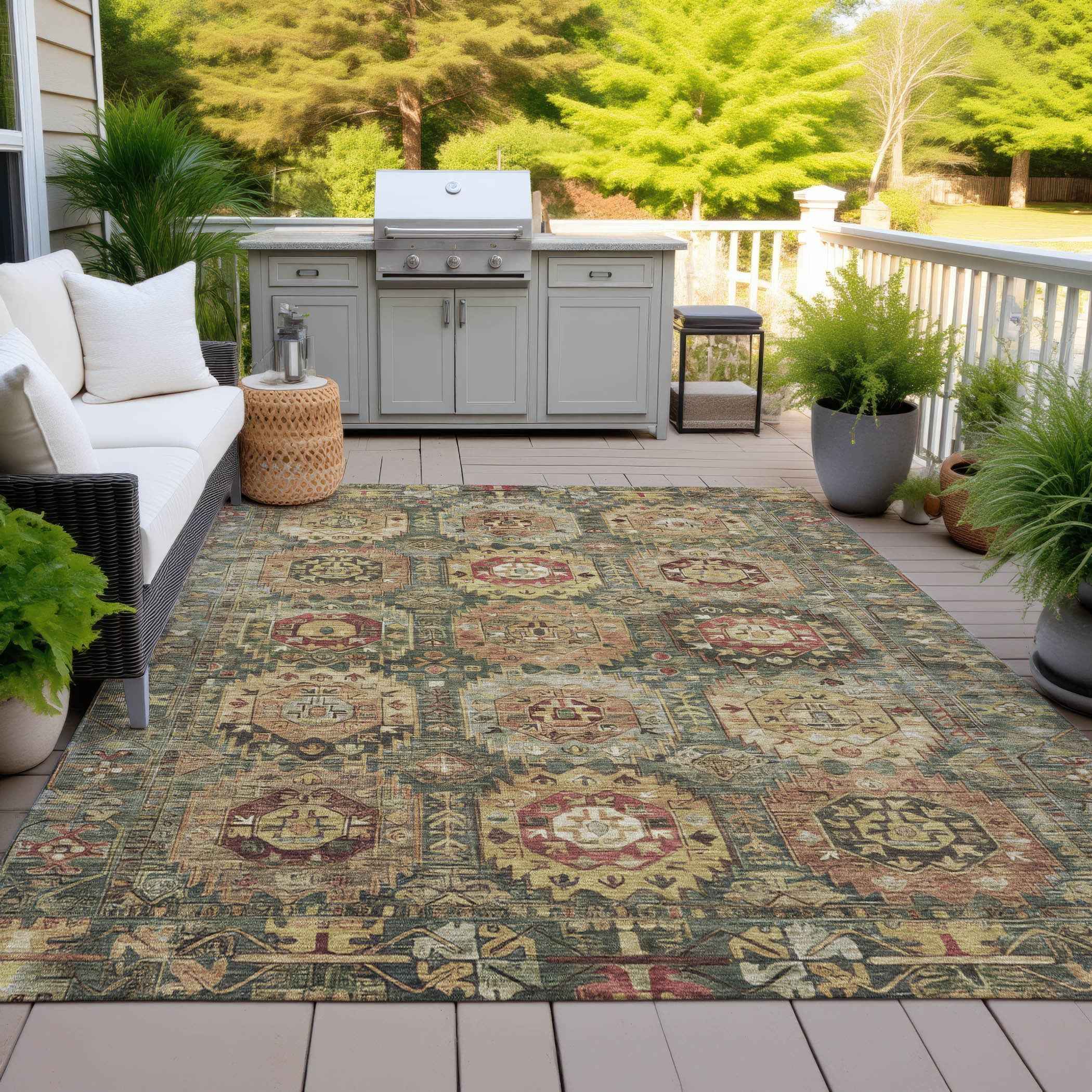 5' X 8' Artichoke Green Gold And Beige Medallion Washable Indoor Outdoor Area Rug