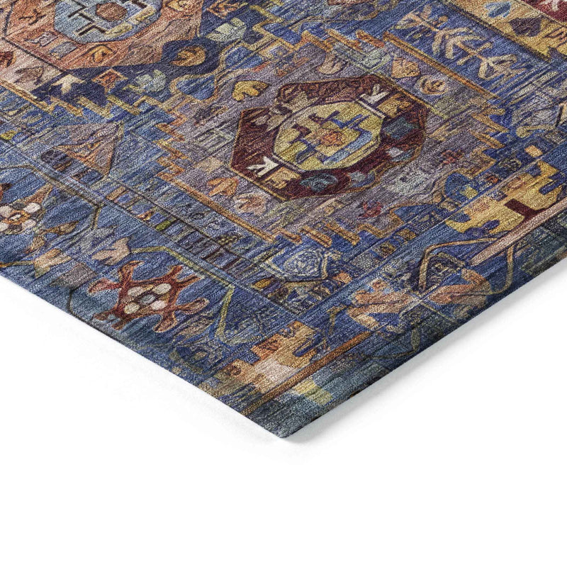 9' X 12' Denim Blue Merlot And Gold Medallion Washable Indoor Outdoor Area Rug