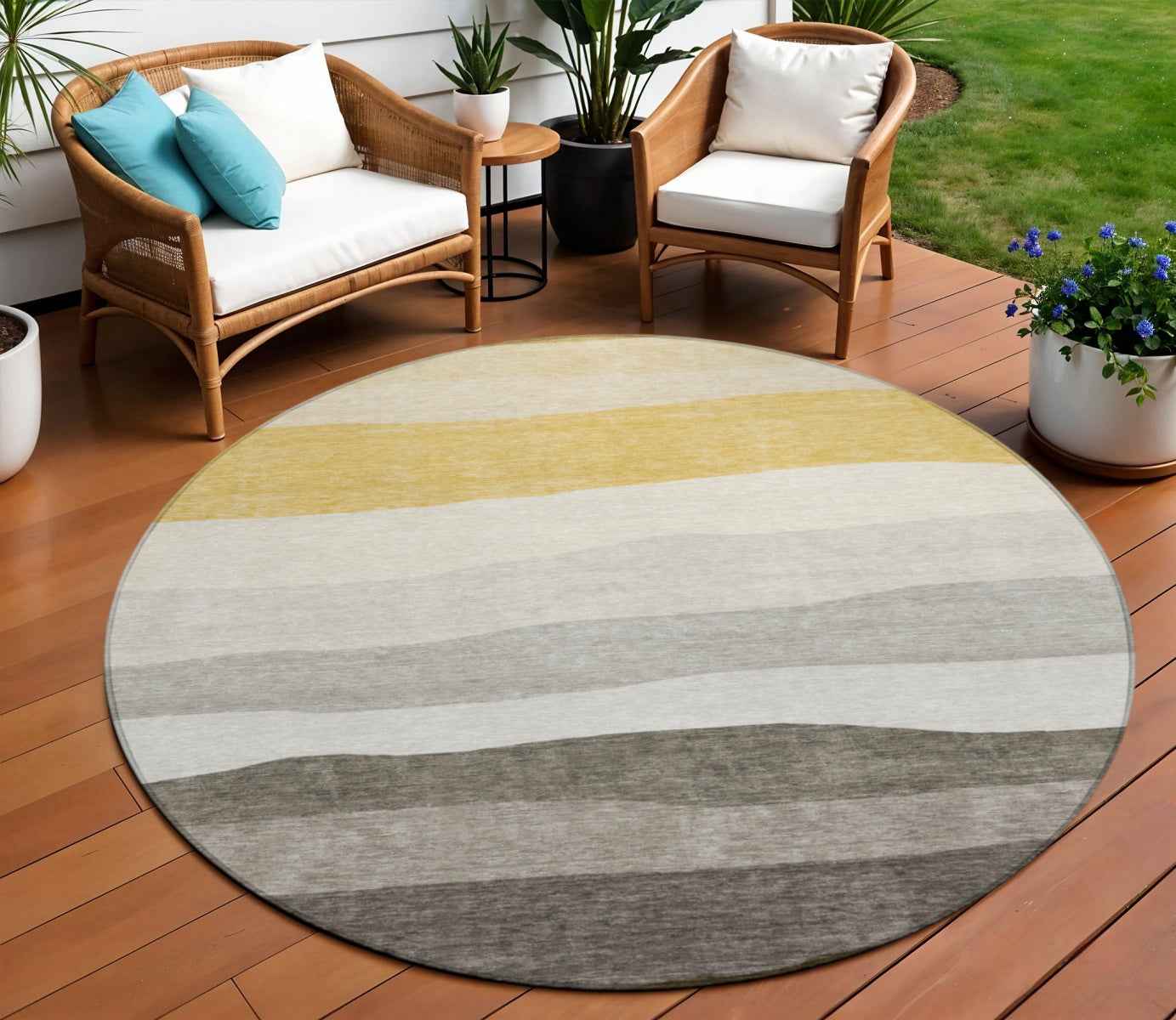 8' Pewter Gold And Ivory Round Striped Washable Indoor Outdoor Area Rug