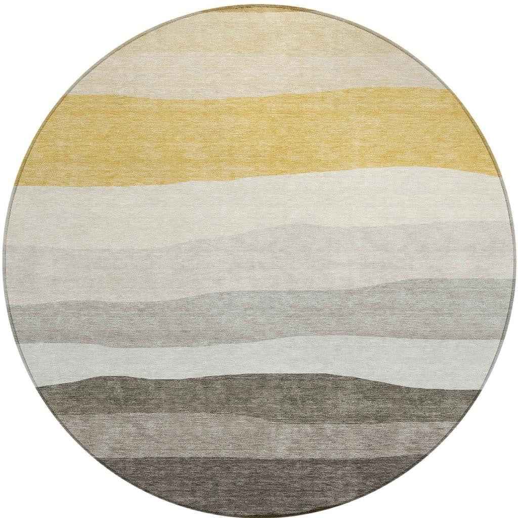 8' Pewter Gold And Ivory Round Striped Washable Indoor Outdoor Area Rug