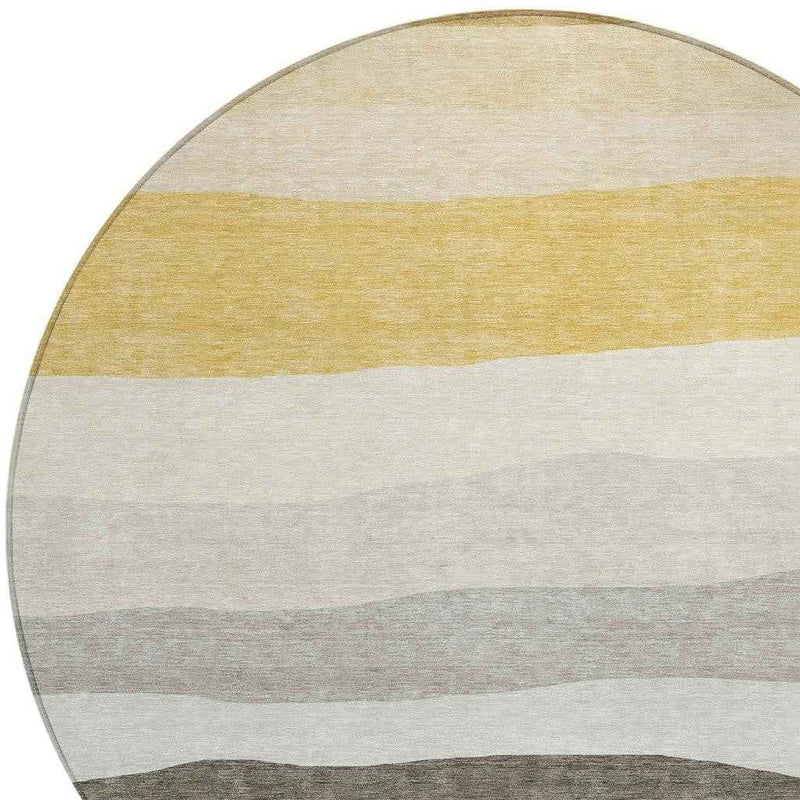 8' Pewter Gold And Ivory Round Striped Washable Indoor Outdoor Area Rug