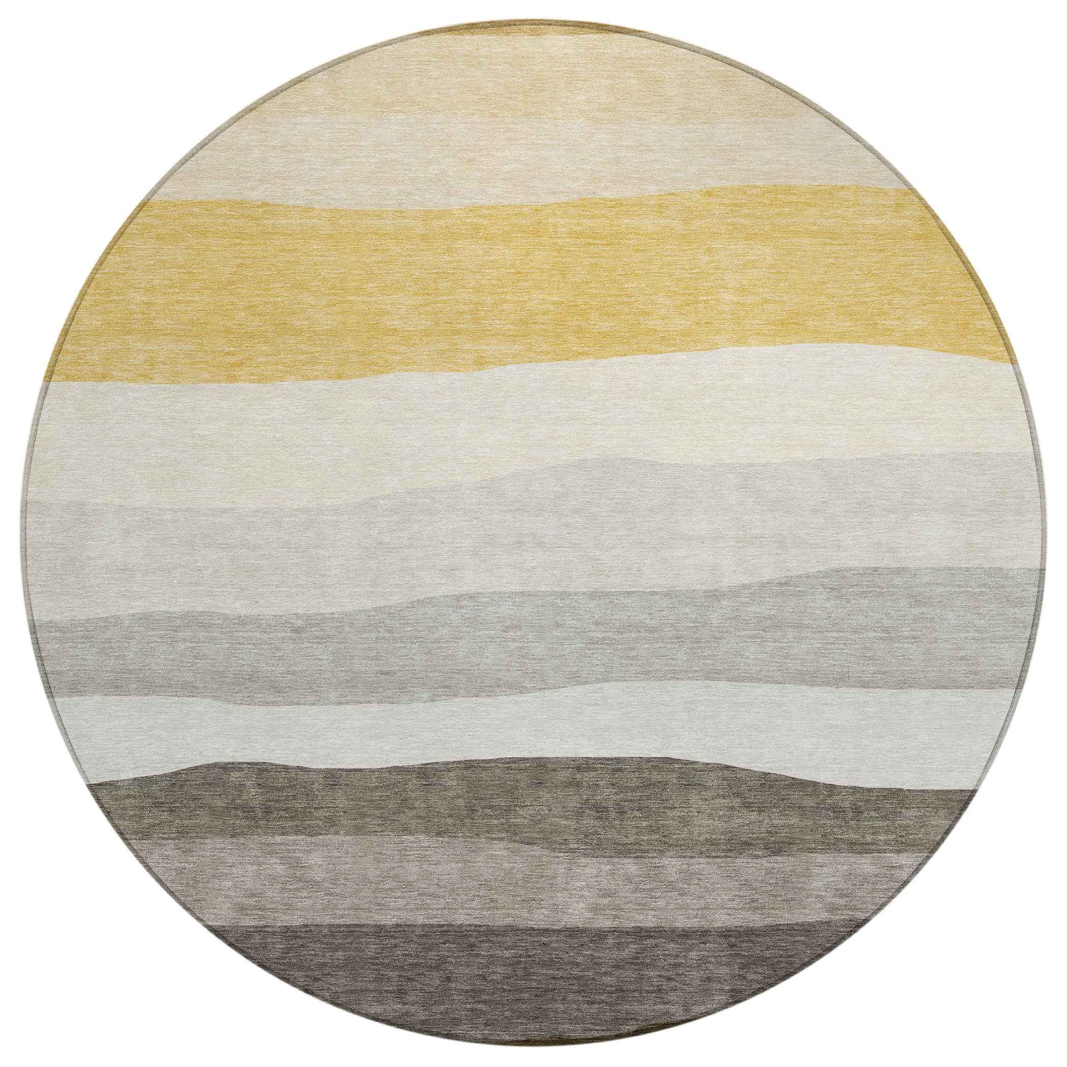 8' Pewter Gold And Ivory Round Striped Washable Indoor Outdoor Area Rug