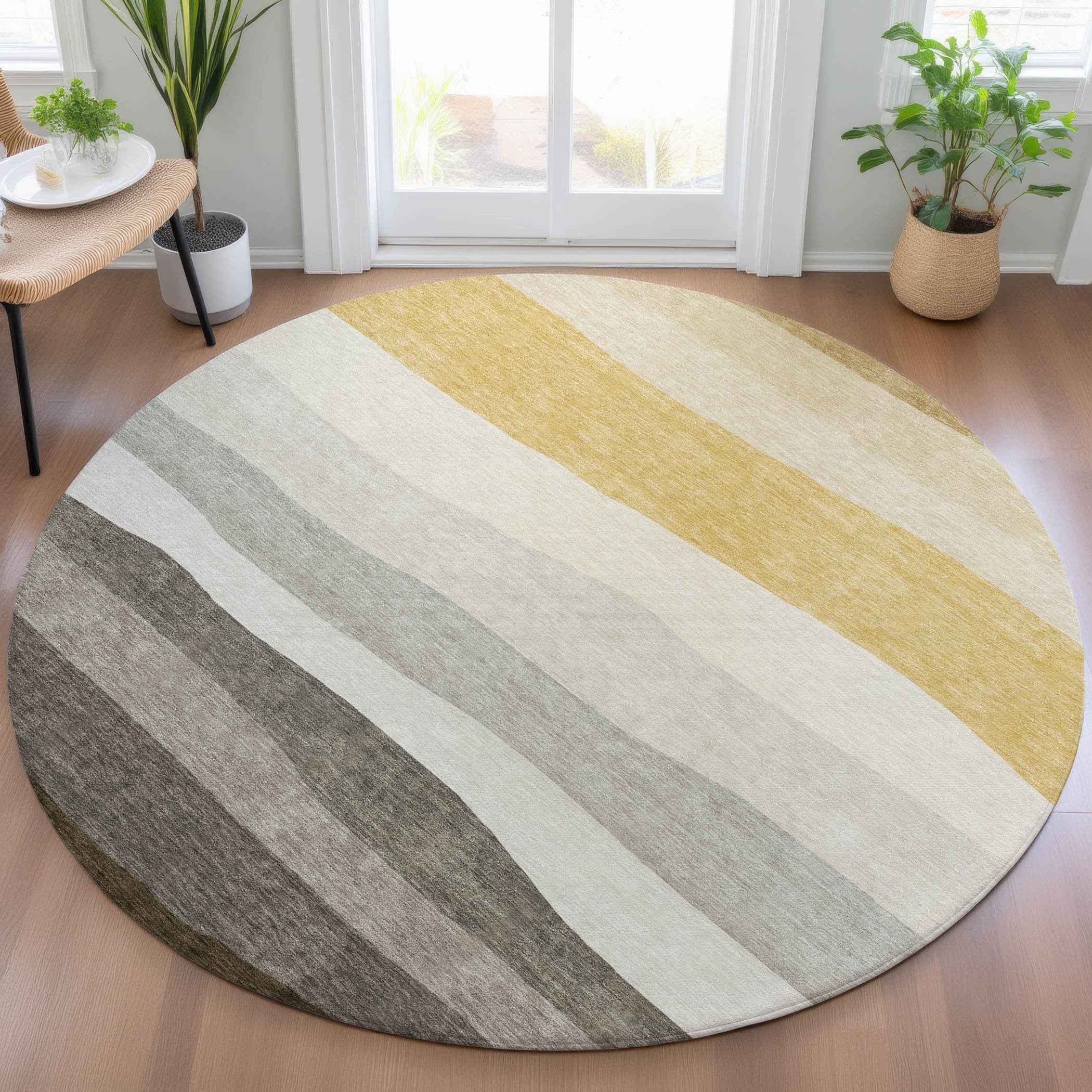 8' Pewter Gold And Ivory Round Striped Washable Indoor Outdoor Area Rug
