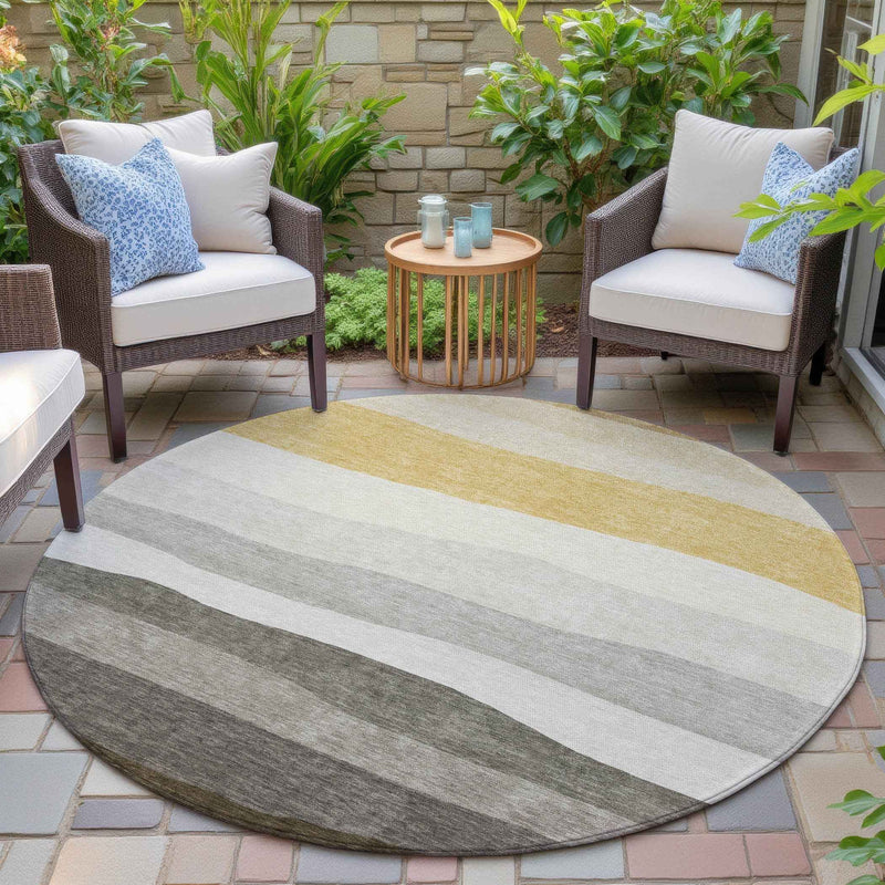 8' Pewter Gold And Ivory Round Striped Washable Indoor Outdoor Area Rug
