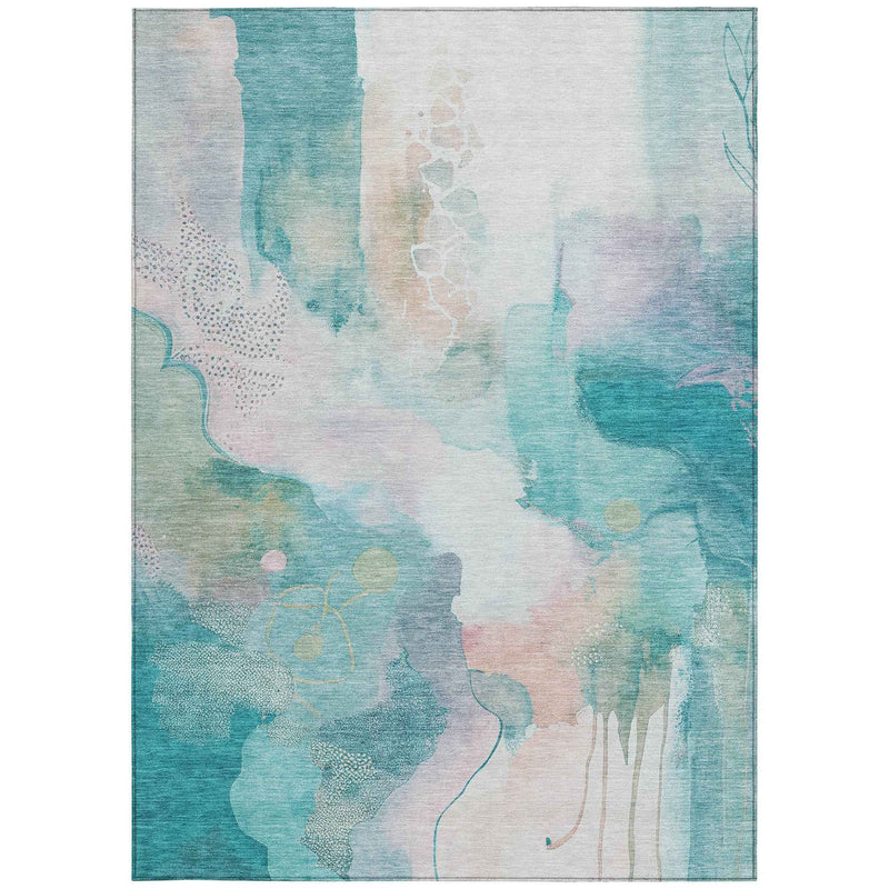10' X 14' Turquoise Blush And Ivory Abstract Washable Indoor Outdoor Area Rug