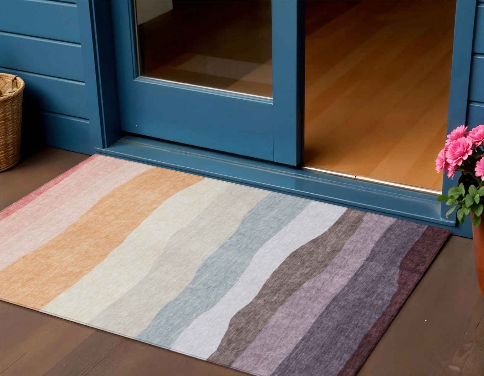 3' X 5' Orange Blush And Lavender Striped Washable Indoor Outdoor Area Rug