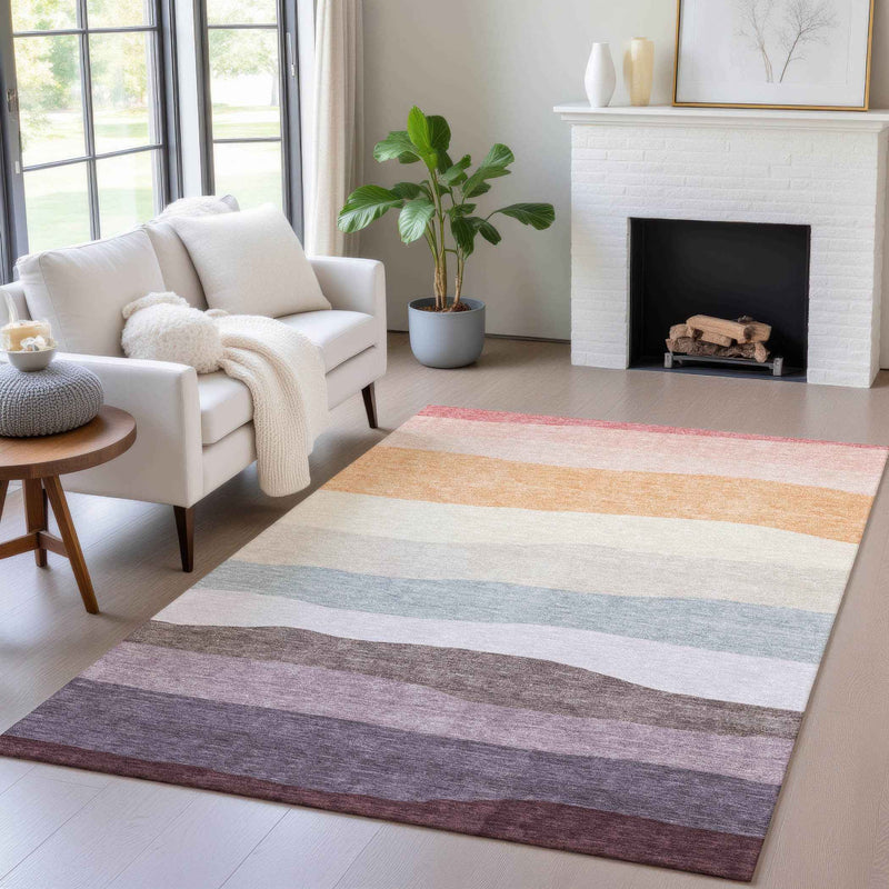 3' X 5' Orange Blush And Lavender Striped Washable Indoor Outdoor Area Rug